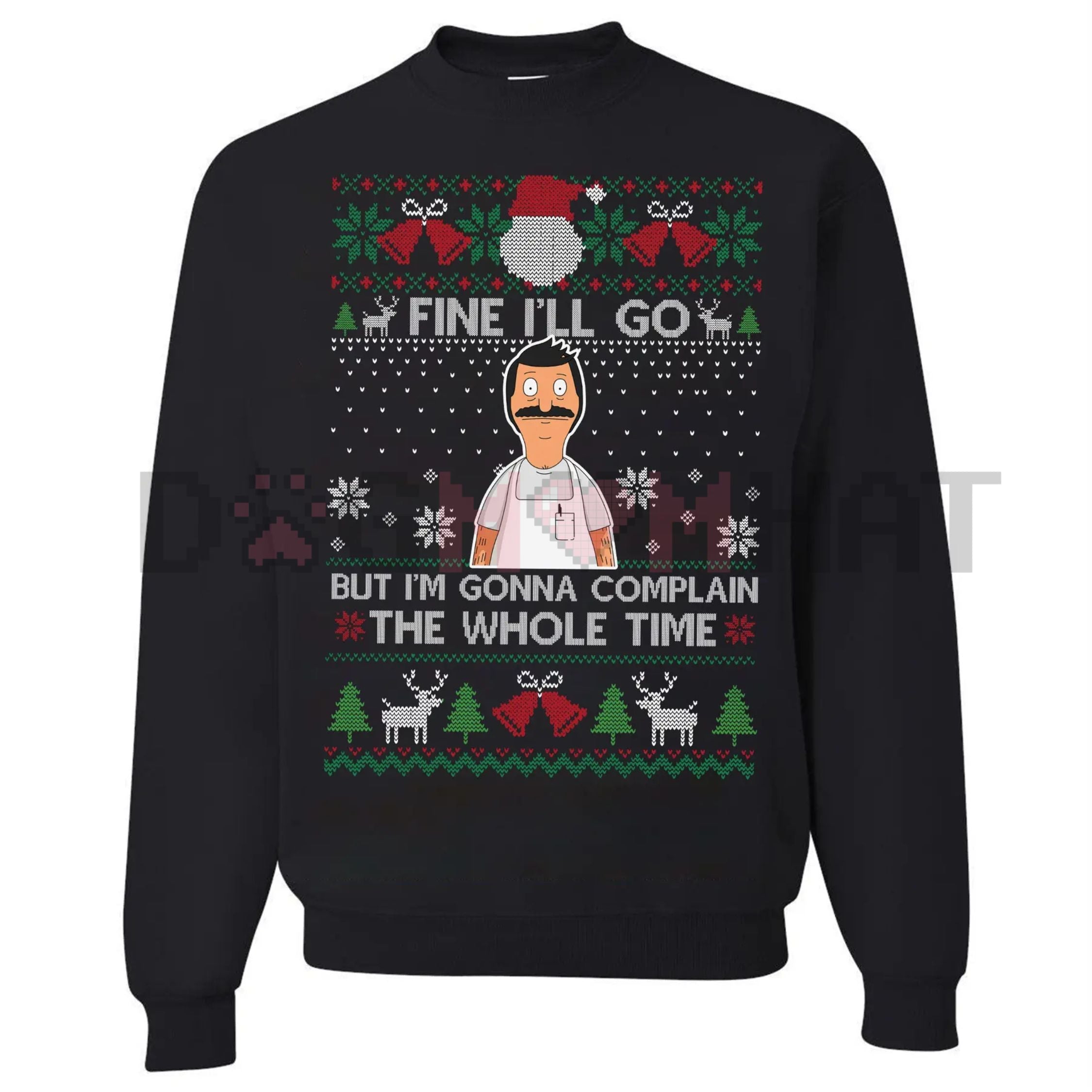Black crewneck holiday jumper with colorful festive front graphic and lettering