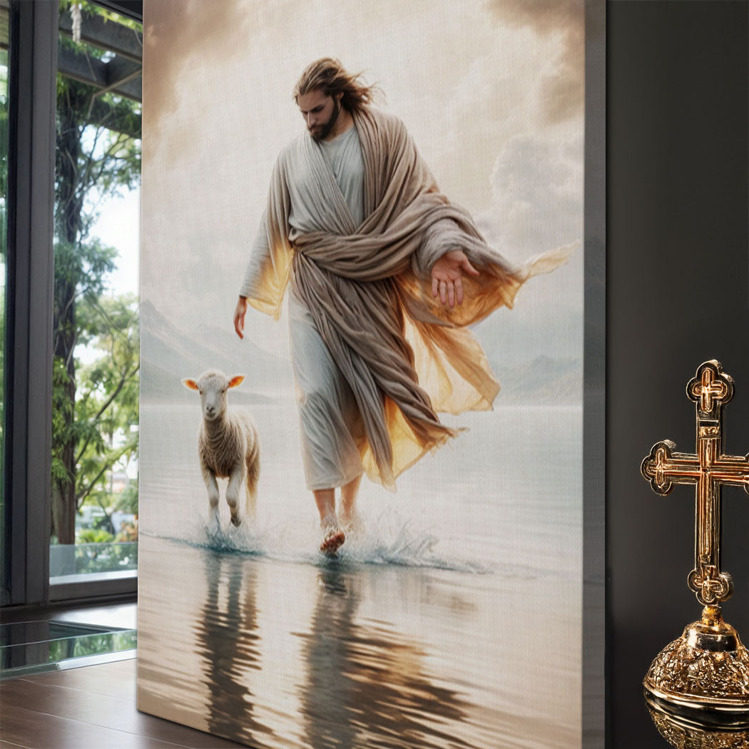 Landscape canvas wall art showing Jesus in robes guiding a lamb through water