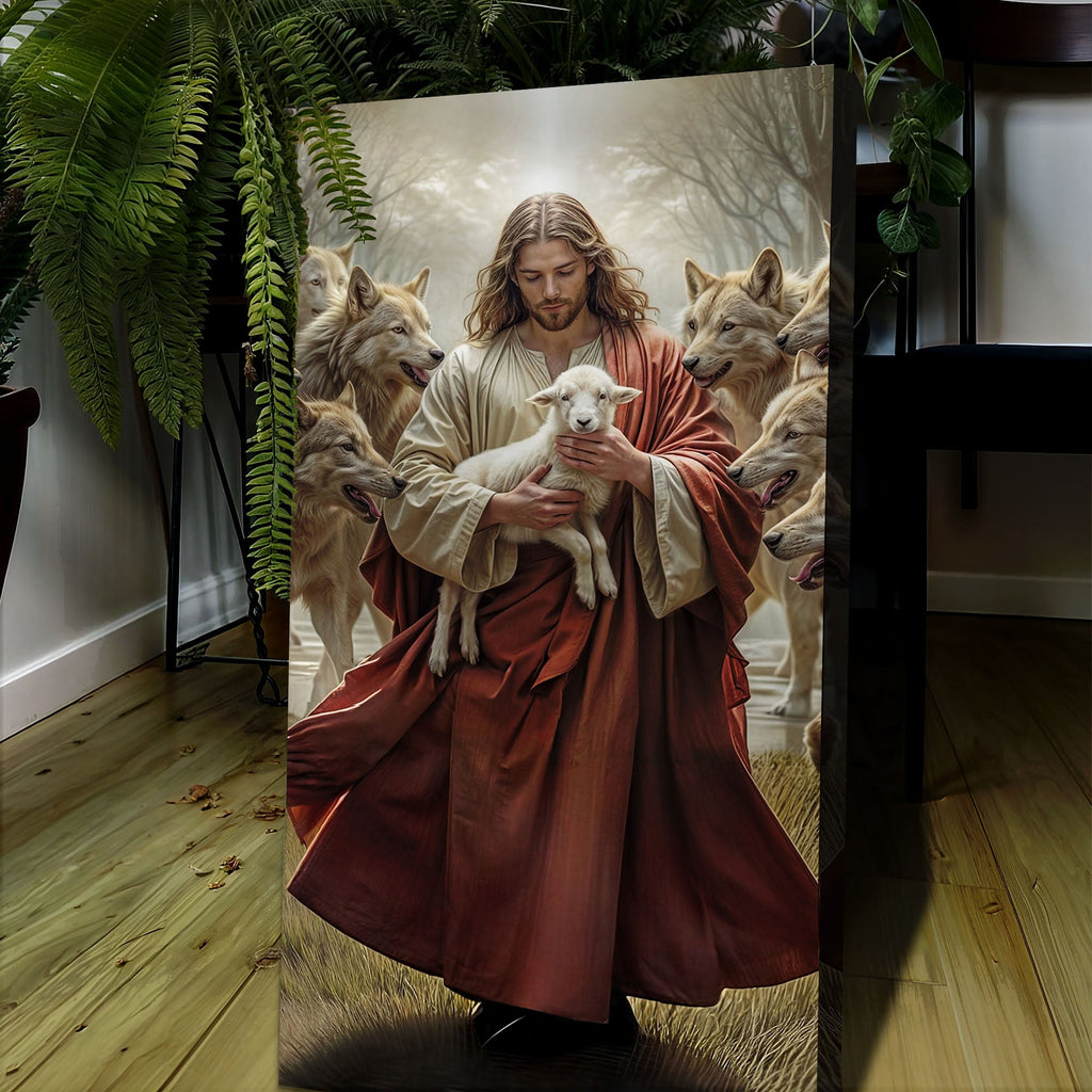 Faith wall art canvas of Jesus holding a white lamb, flanked by wolves