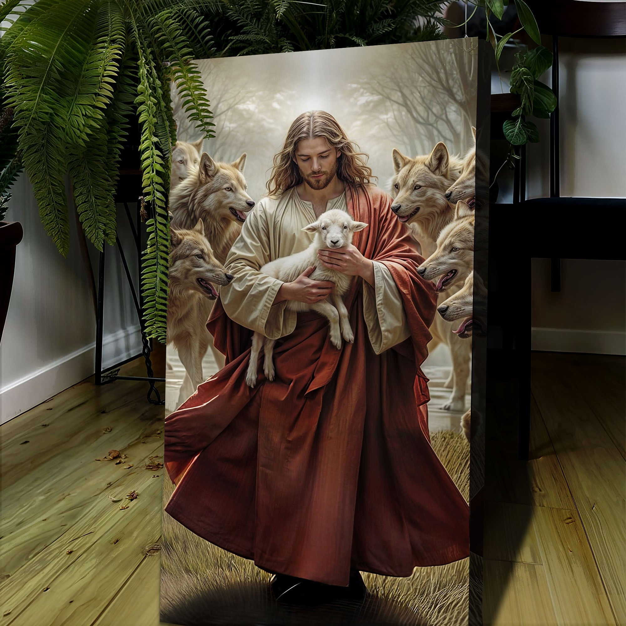 Faith wall art canvas of Jesus holding a white lamb, flanked by wolves