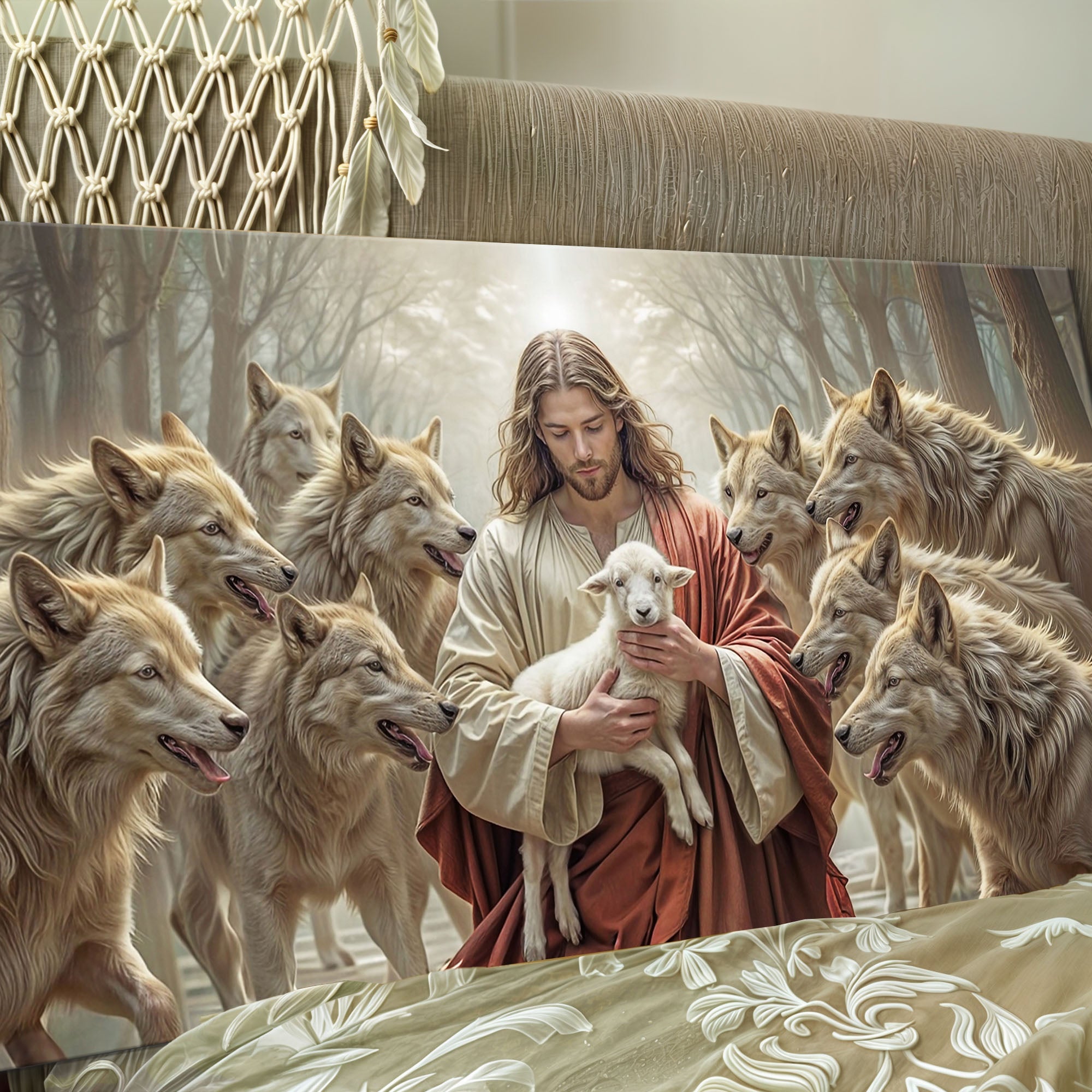Christian wall art canvas with Jesus holding a white lamb flanked by wolves