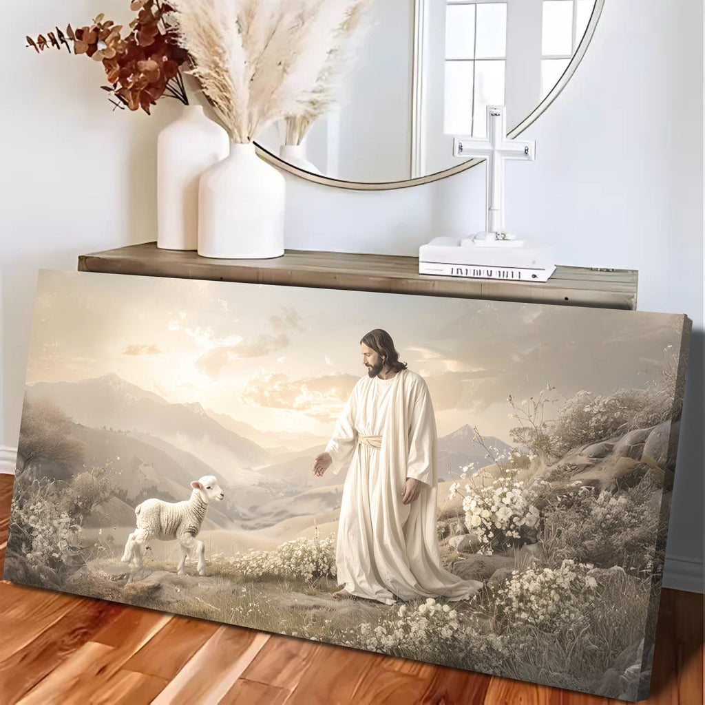 Religious canvas wall art on a stretched frame featuring Jesus in white and a lamb