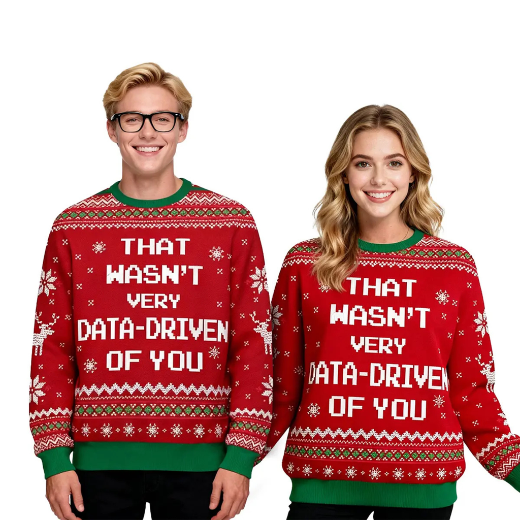 Crew neck knit Christmas sweater in red with green trim and 'That wasn't very data-driven' slogan
