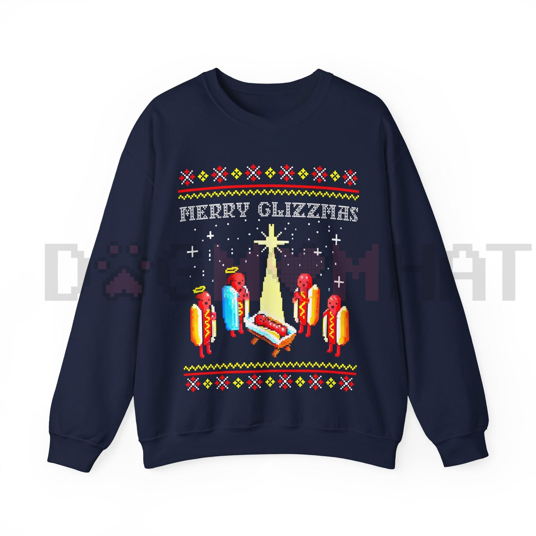 Navy Christmas sweatshirt with 'Merry Glizzmas' and candle graphic