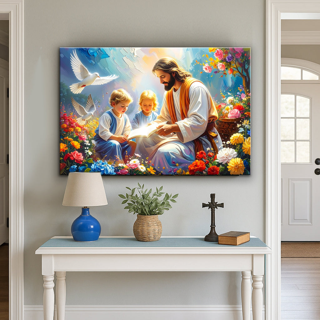 Faith wall art canvas of Jesus reading with children, white doves, and bright blooms