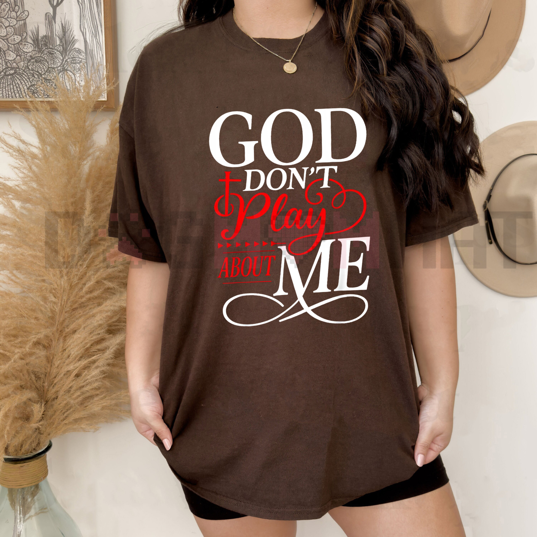 Dark brown faith t-shirt with 'God don't play about me' front slogan print