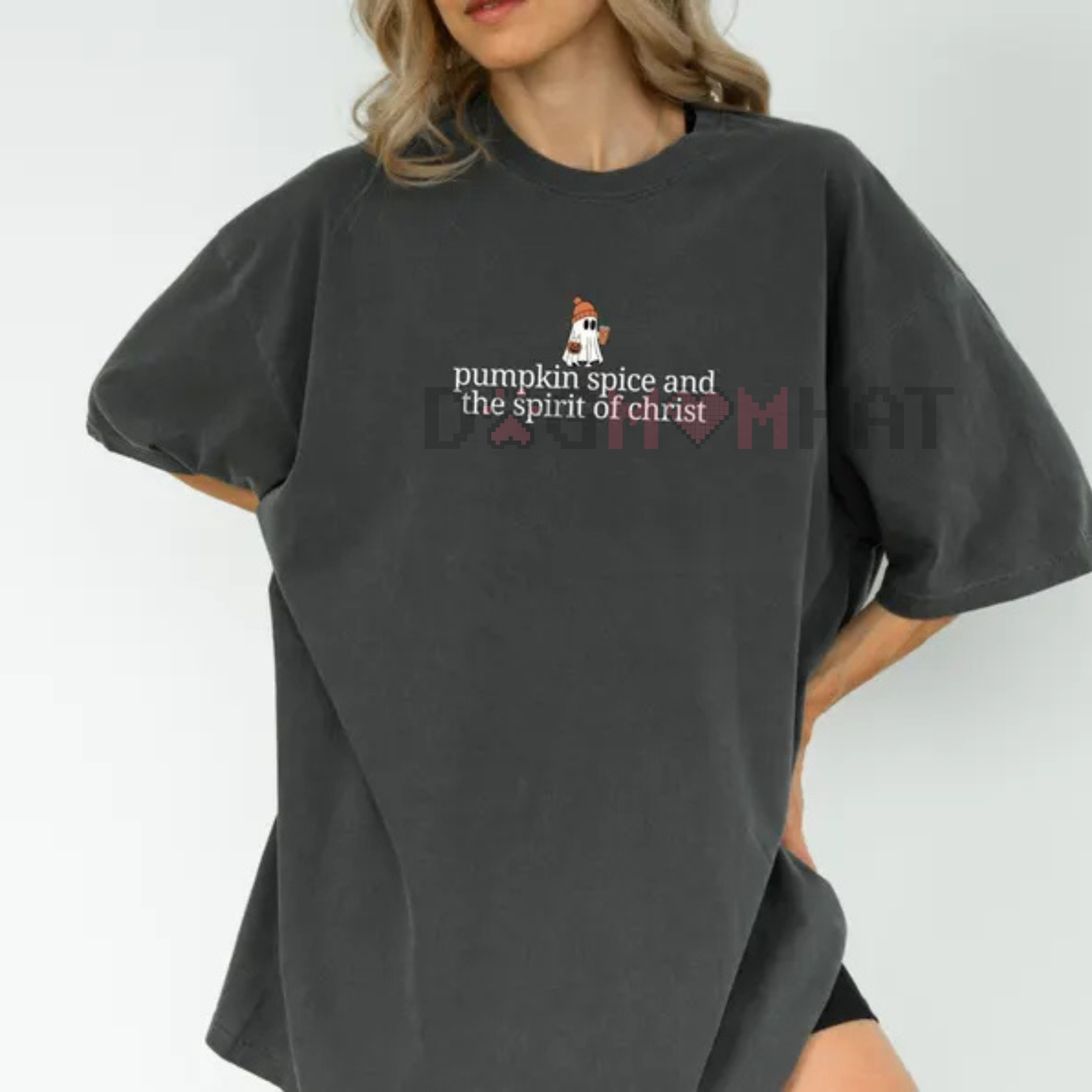 Women's dark gray Halloween T-shirt with pumpkin spice and spirit of Christ graphic