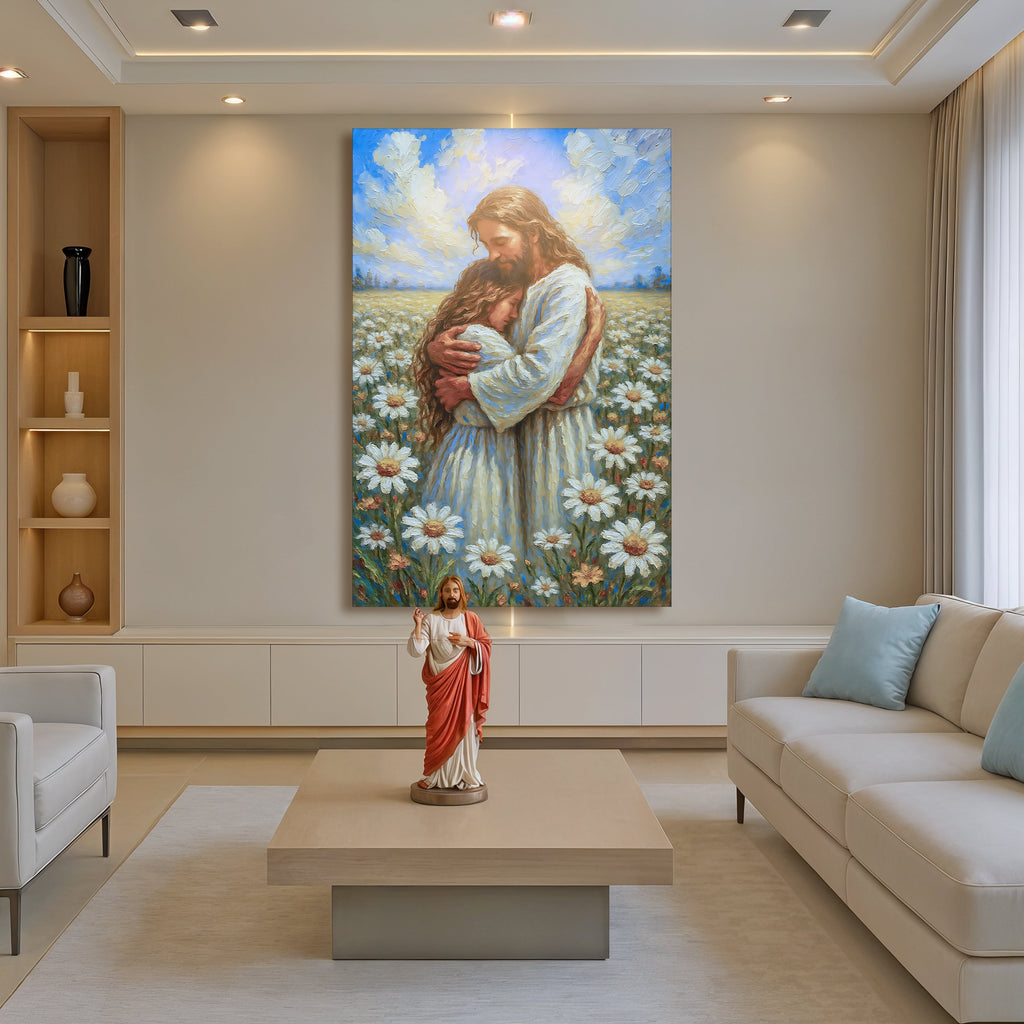 Jesus holding a child wall art canvas above a living room seating area