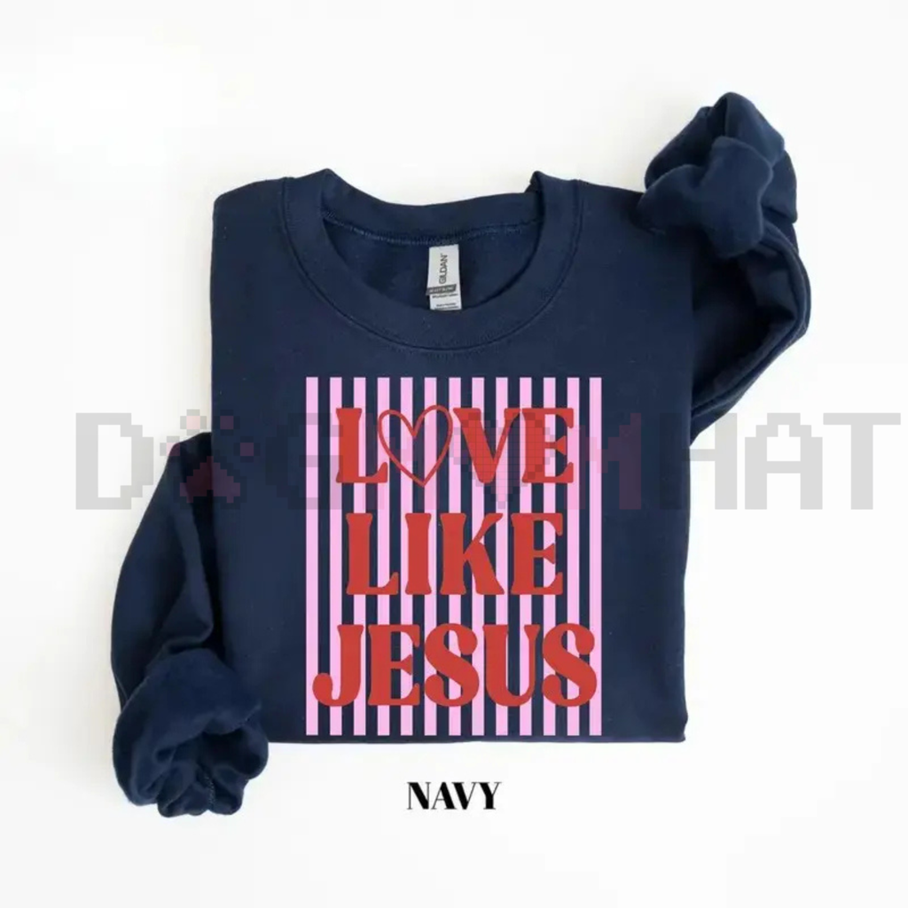Dark navy valentine sweatshirt with Love Like Jesus graphic, crew neck and sleeve bow