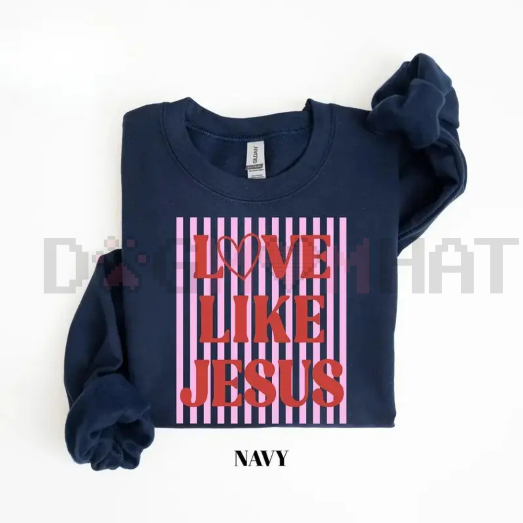 Dark navy valentine sweatshirt with Love Like Jesus graphic, crew neck and sleeve bow