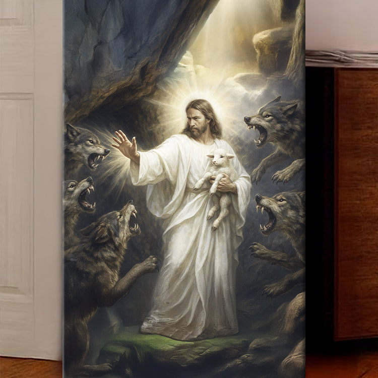 Close-up religious canvas wall art of Jesus holding a lamb, wolves reaching around