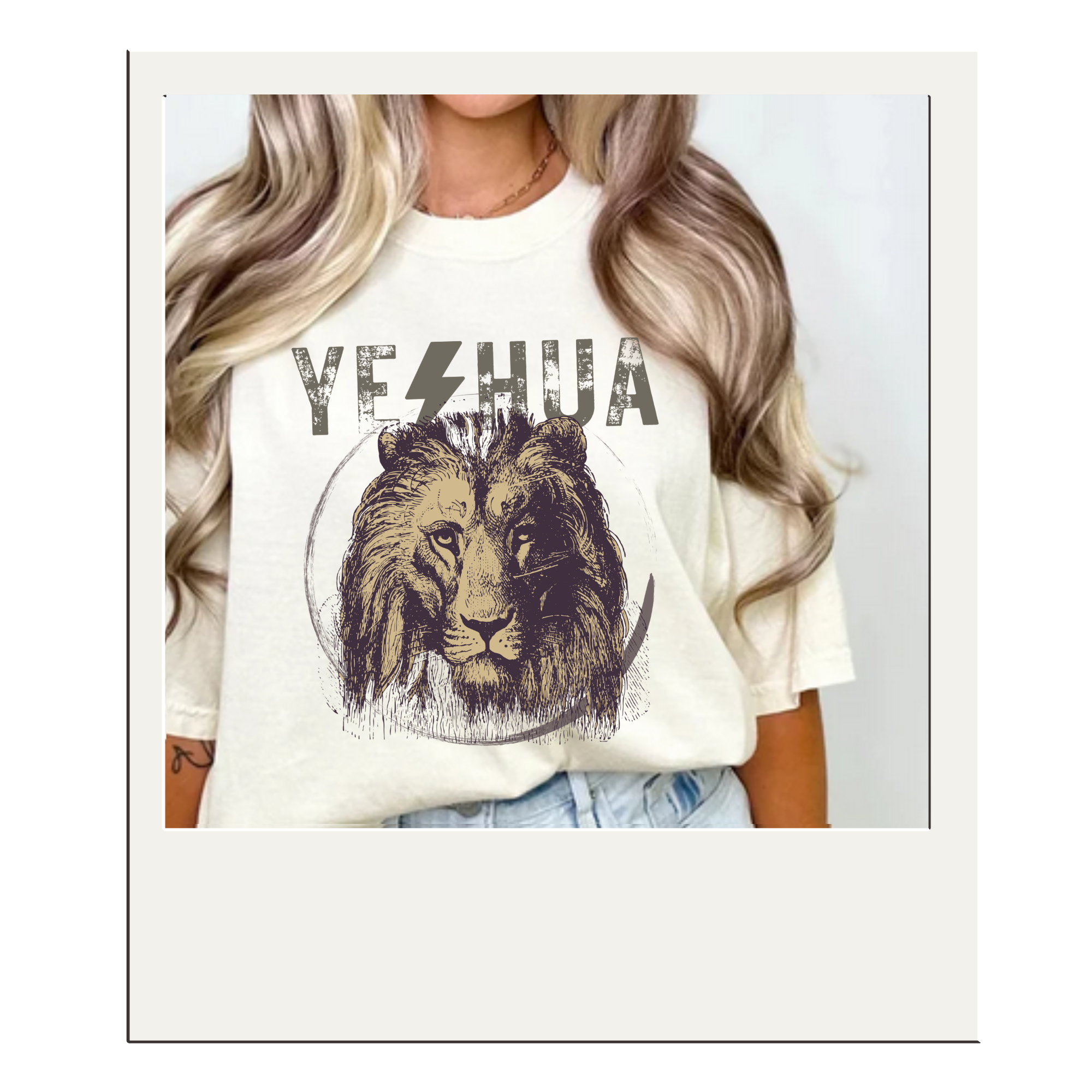 Comfort Colors T-shirt in cream with large lion graphic and YESHUA text