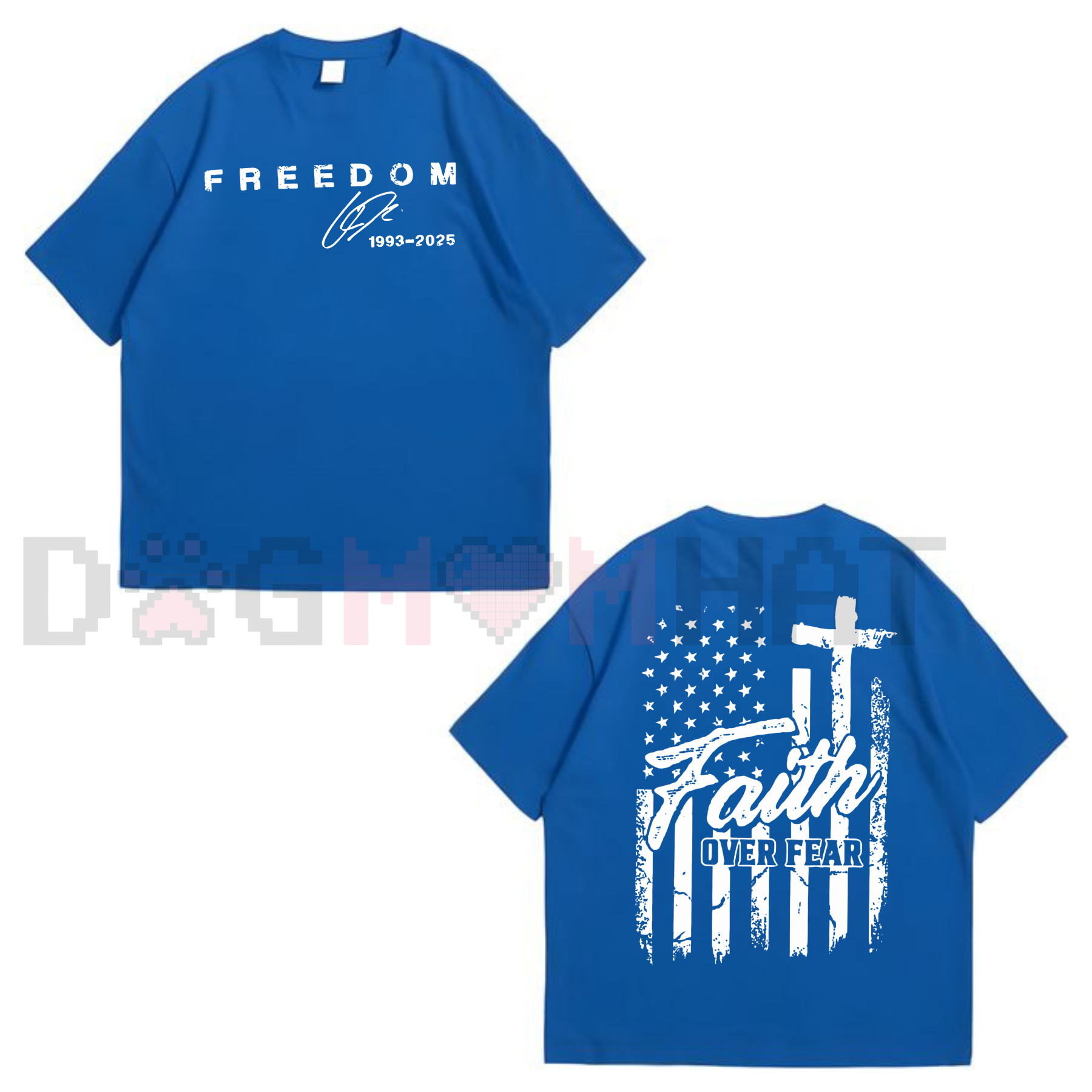 Blue crewneck T-shirt with Freedom text front and Faith over fear cross flag print