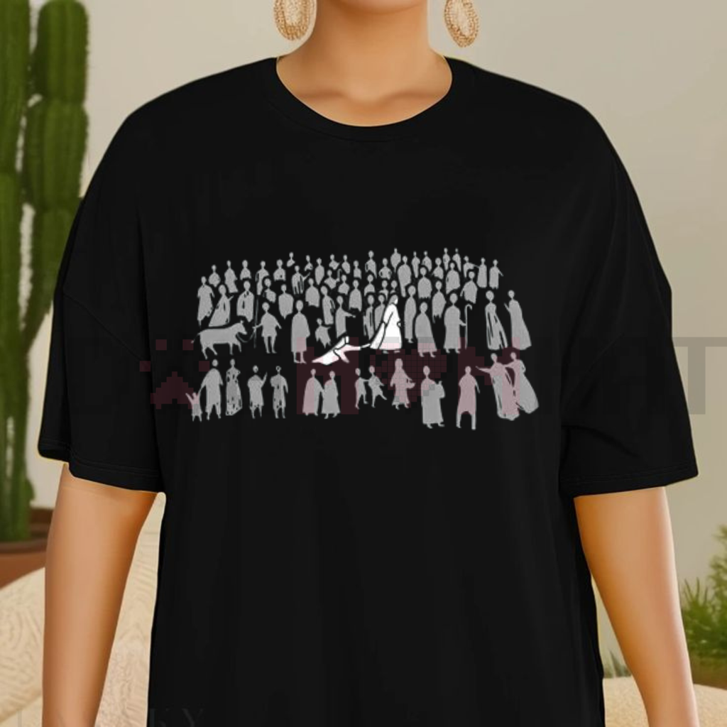 Black T-shirt with white group silhouettes and heart graphic across chest