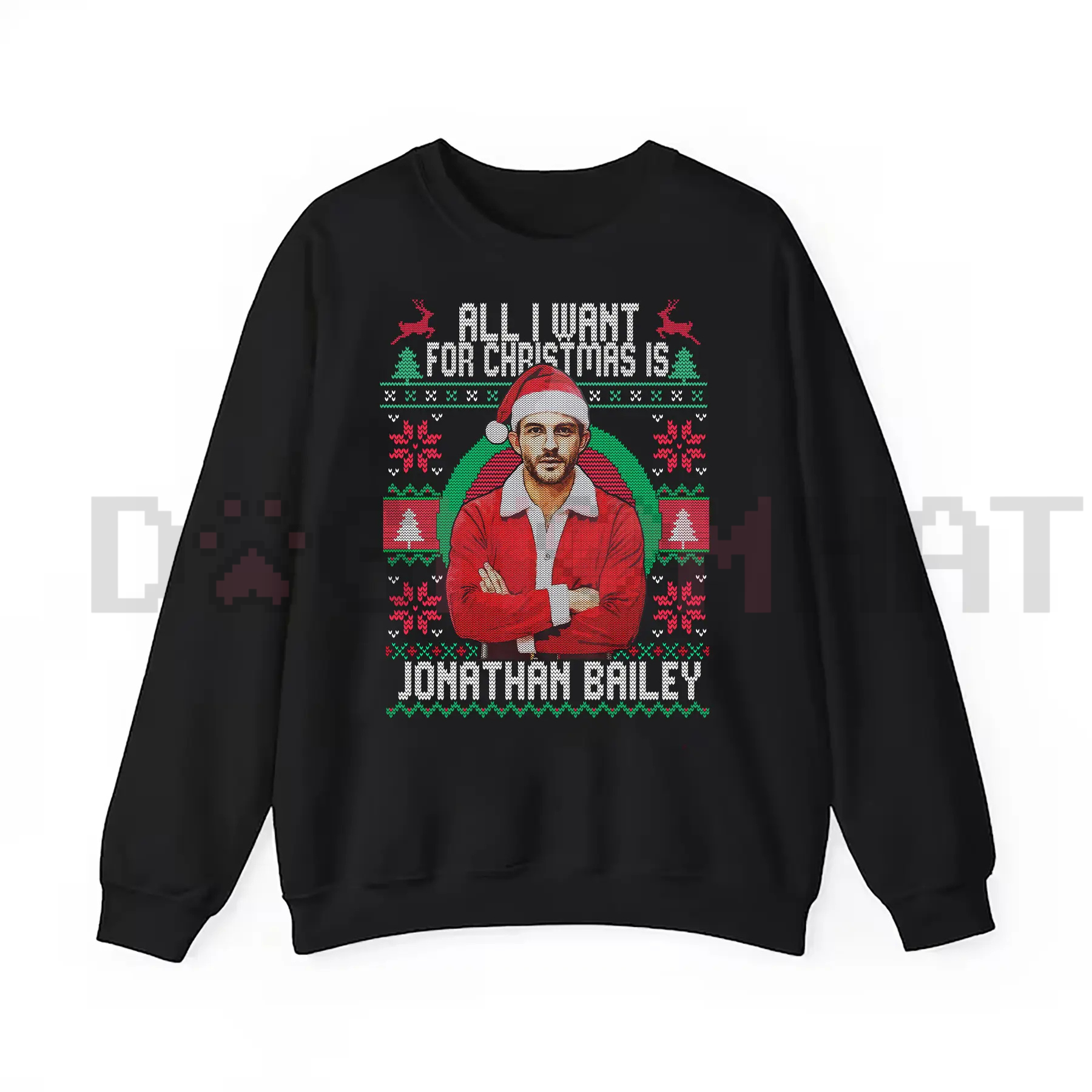 Black crewneck sweatshirt with holiday portrait graphic and text on front.
