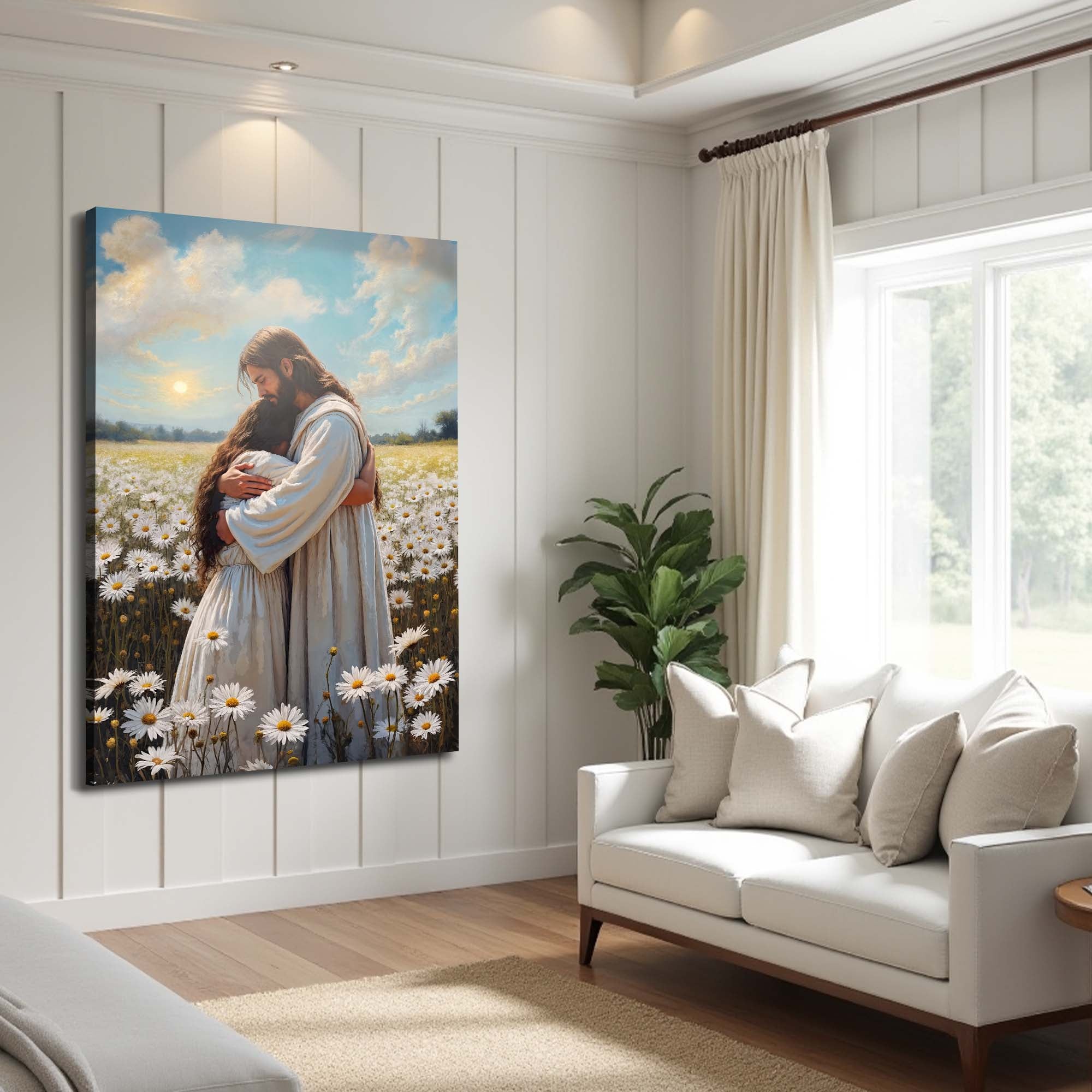 Faith canvas wall art with Jesus hugging a woman among daisies and a golden sky