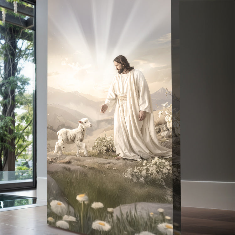 Faith wall art canvas featuring Jesus in a white robe standing near a lamb