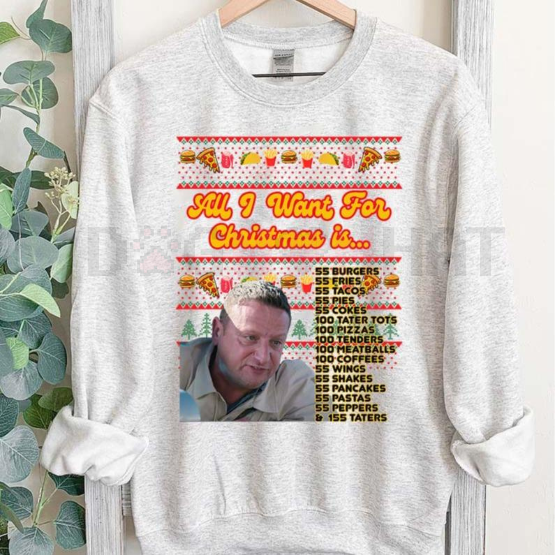 Heather gray crewneck sweatshirt with colorful Christmas food-themed front graphic