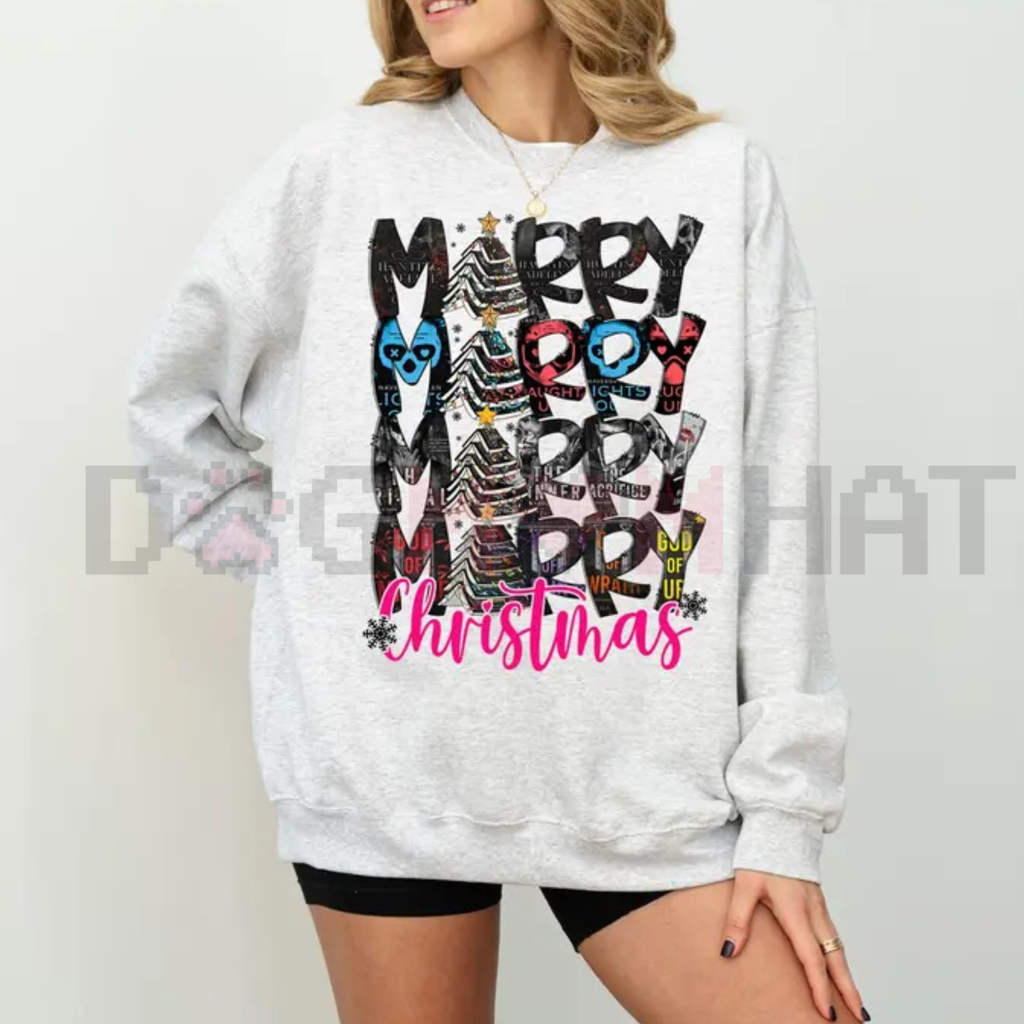 Light gray crewneck sweatshirt with Merry Christmas graphic, long sleeves