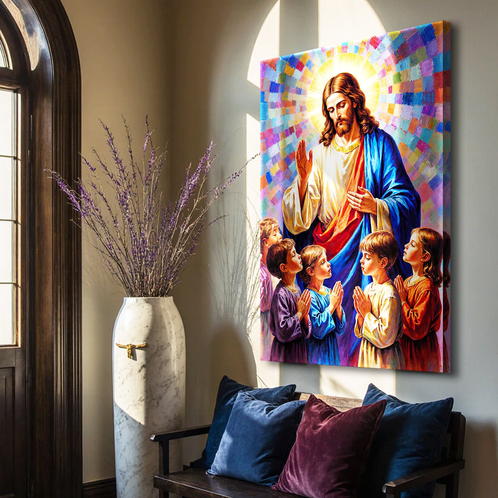 Jesus praying wall art with mosaic rays and group of kneeling children, vertical canvas