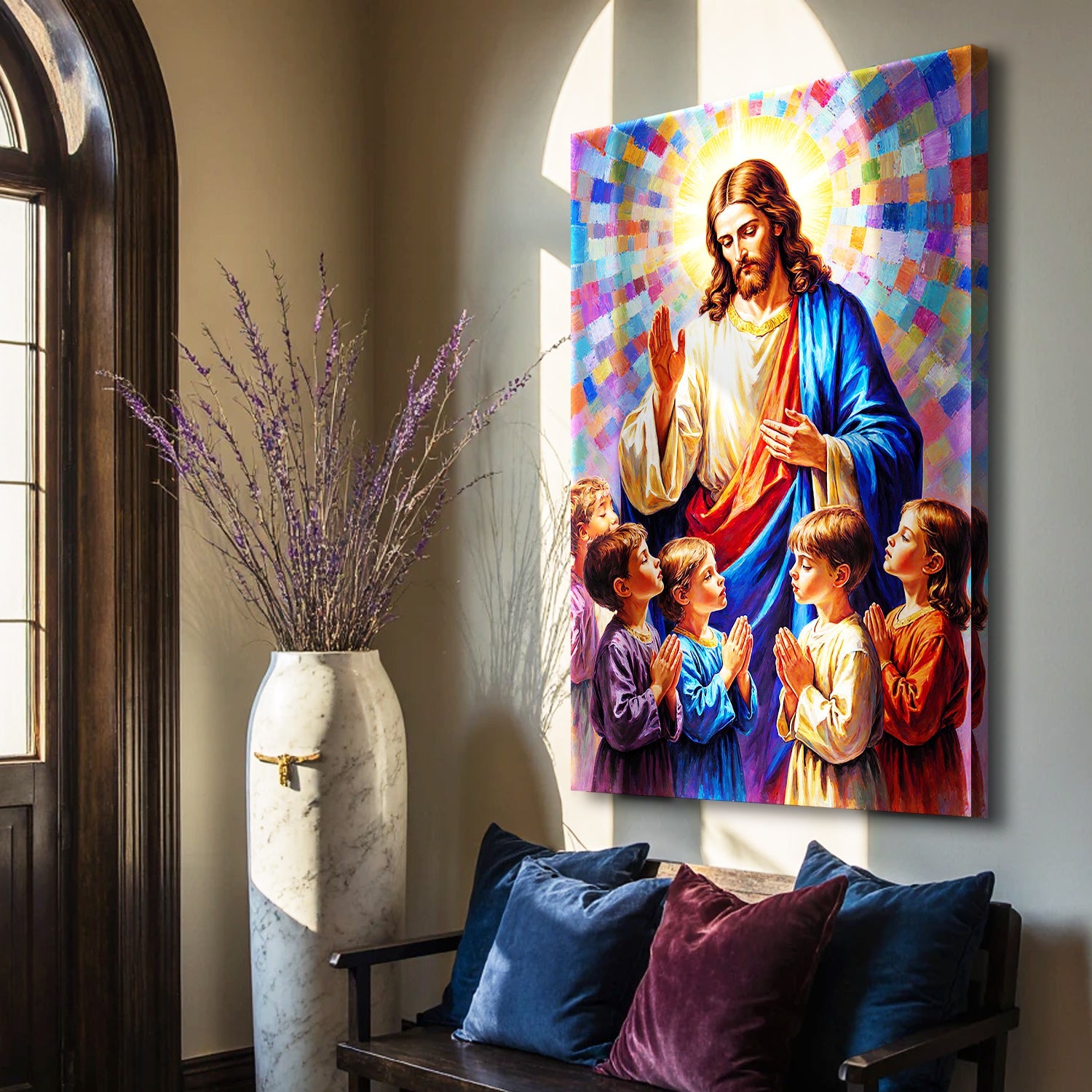 Jesus praying wall art with mosaic rays and group of kneeling children, vertical canvas