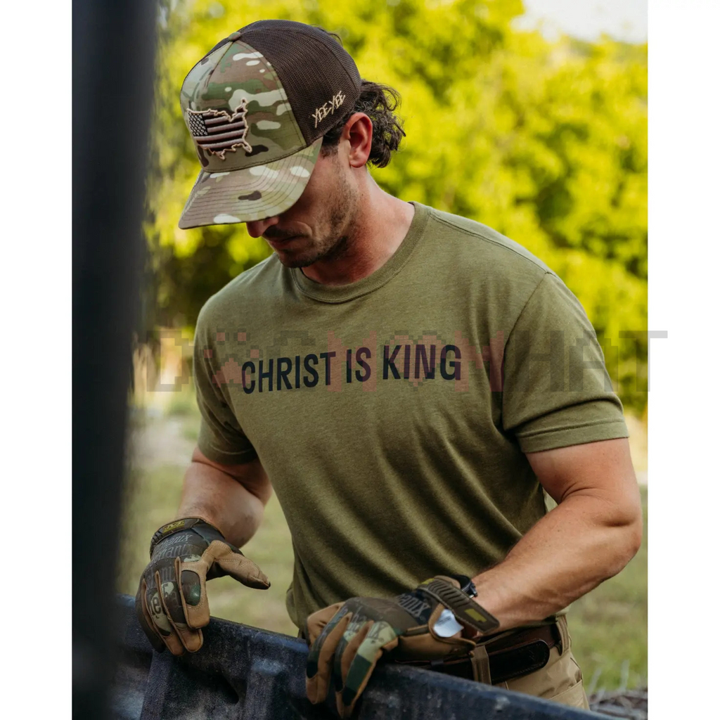 Green unisex Christian T-shirt with “Christ Is King” front graphic