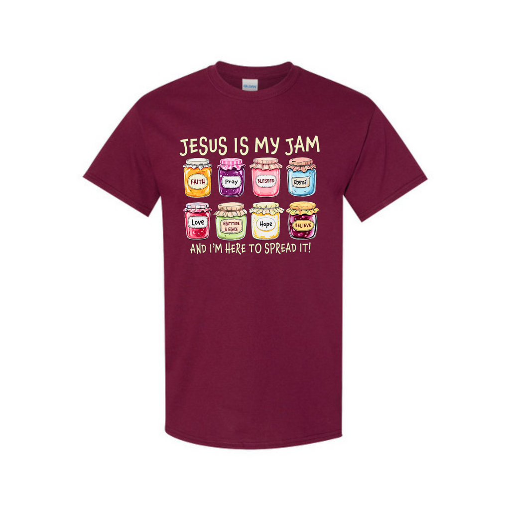 Maroon unisex T-shirt with 'Jesus Is My Jam' graphic and message