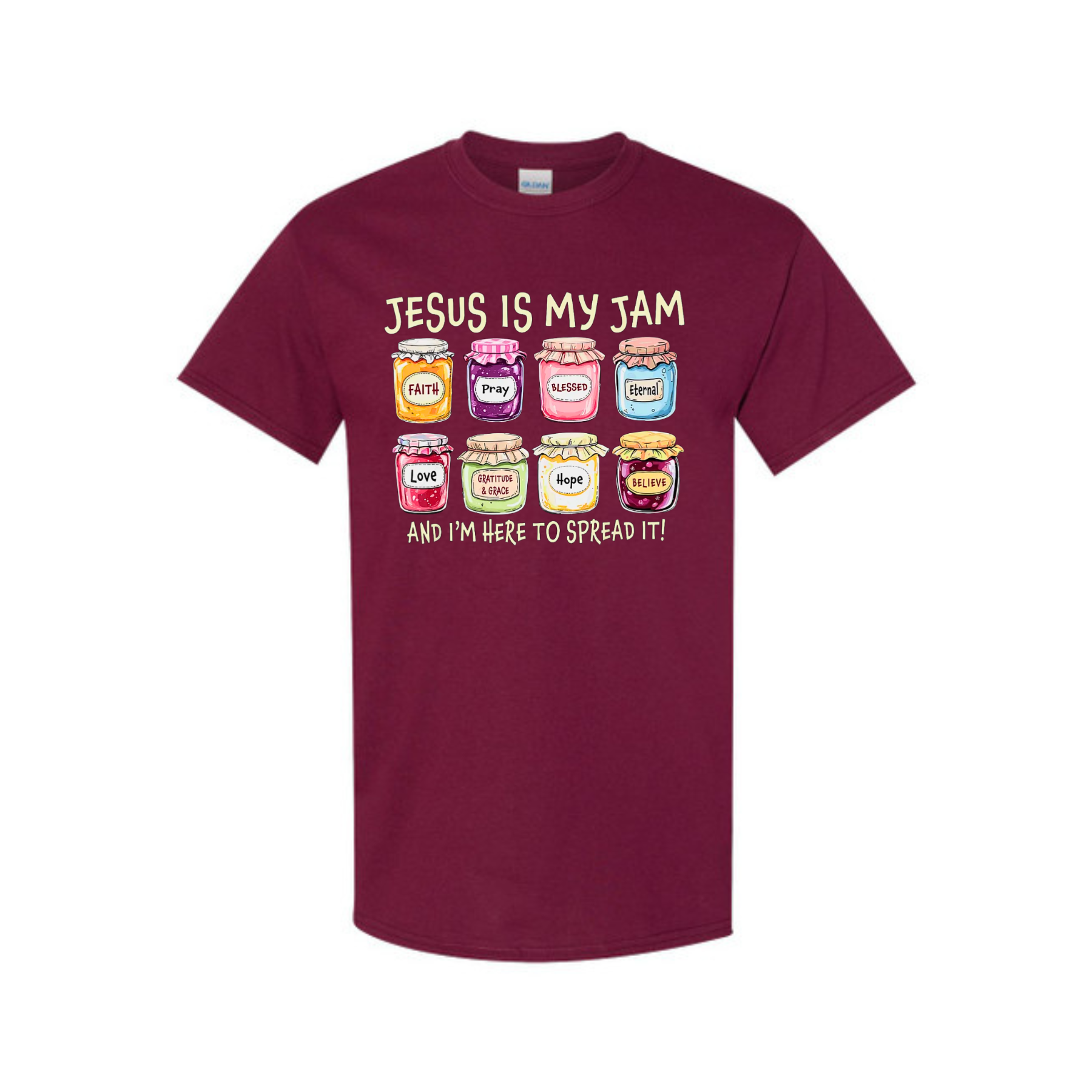 Maroon unisex T-shirt with 'Jesus Is My Jam' graphic and message