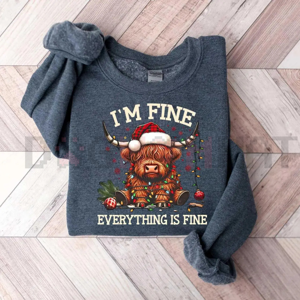 Charcoal heather crewneck sweatshirt with cow holiday graphic, long sleeves