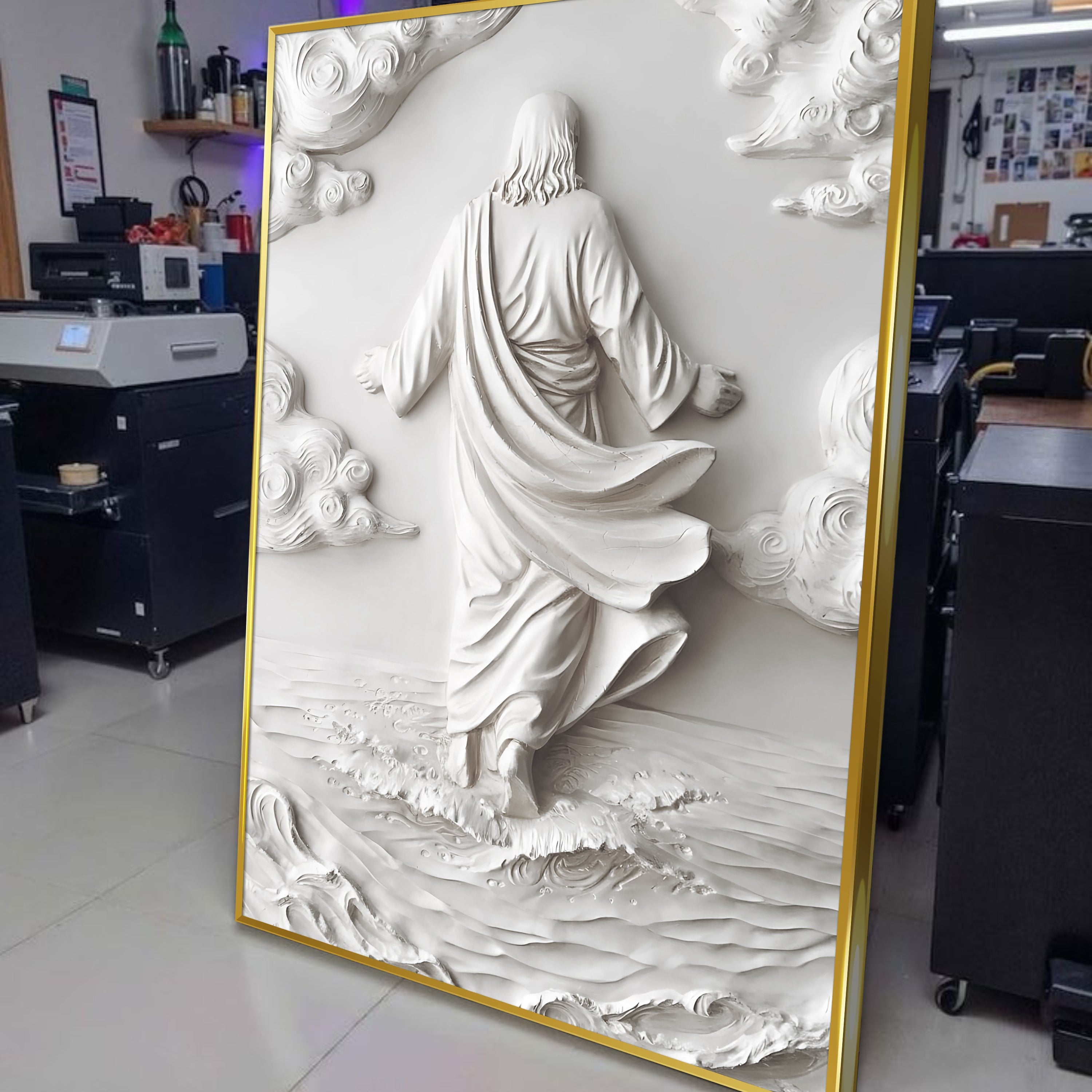 3D minimalist Jesus walking on water wall art, white relief print on framed canvas