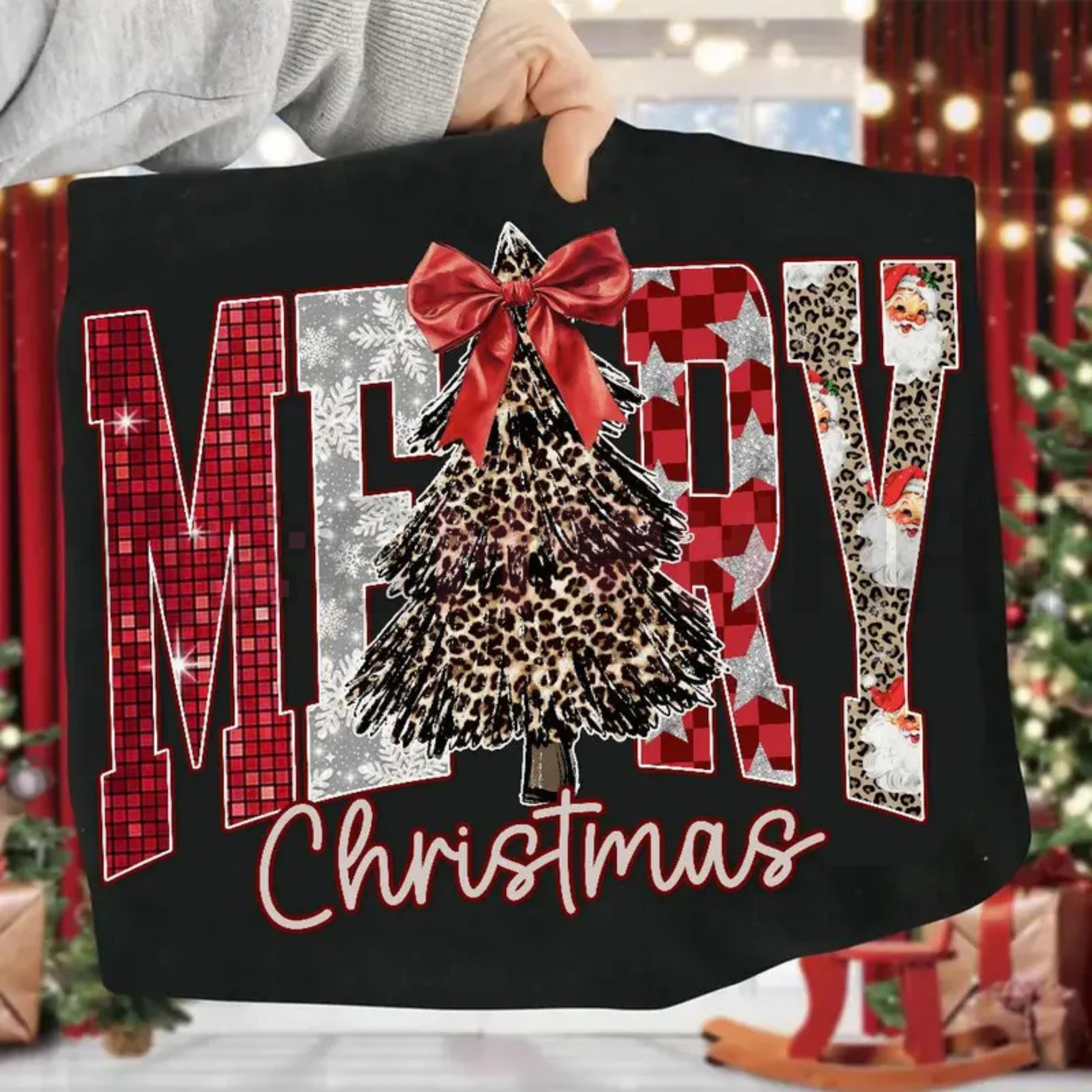 Black Merry Christmas sweatshirt with bow, leopard tree graphic and 'Christmas' text