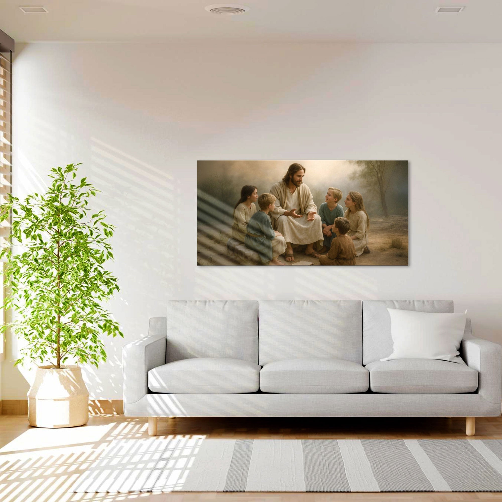 Framed wall art of Jesus holding out his hands to children outdoors