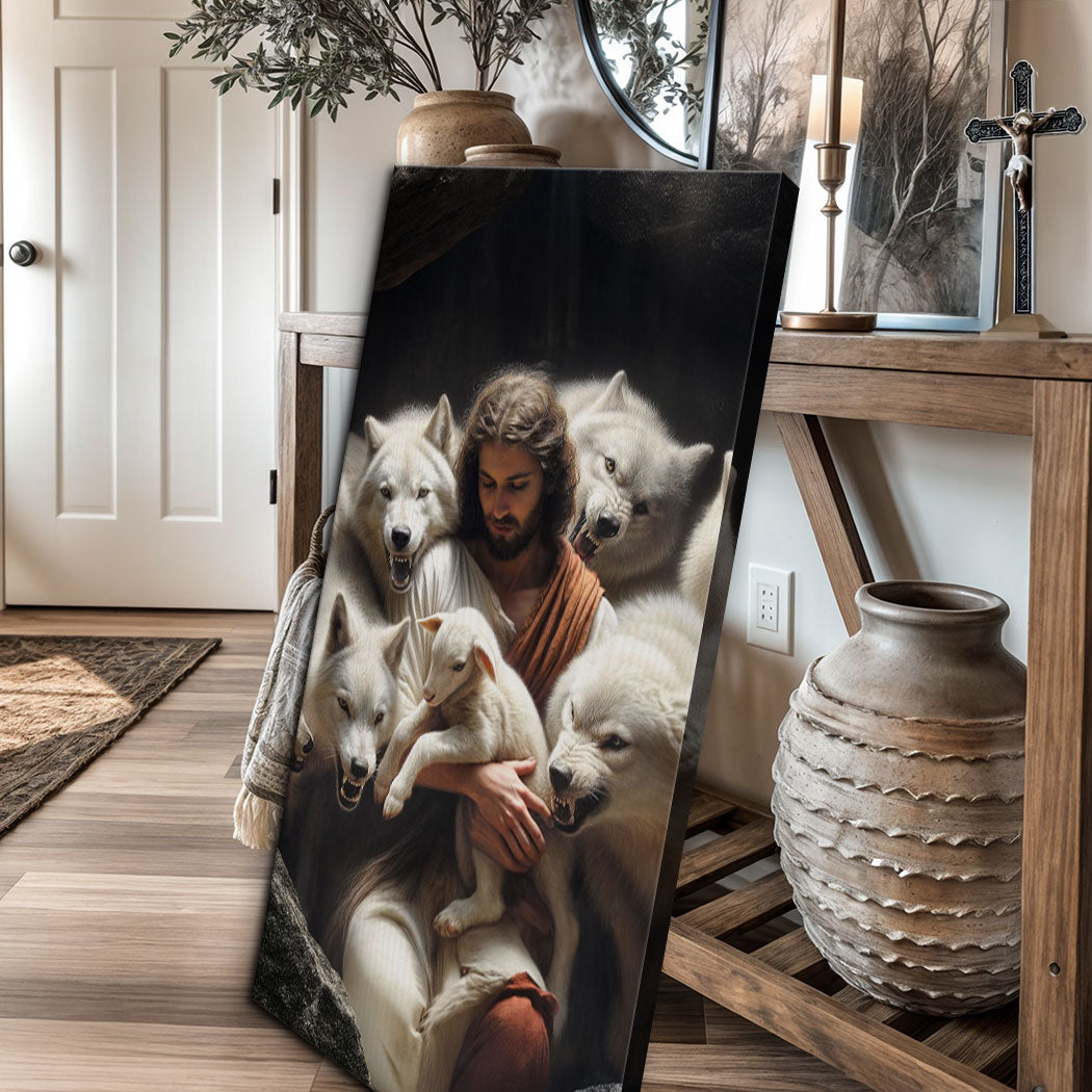 Canvas wall art featuring Jesus holding a lamb surrounded by wolves, placed on a floor stand