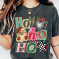 Dark heather gray T-shirt with colorful holiday “Ho ho ho” collage graphic and ornaments