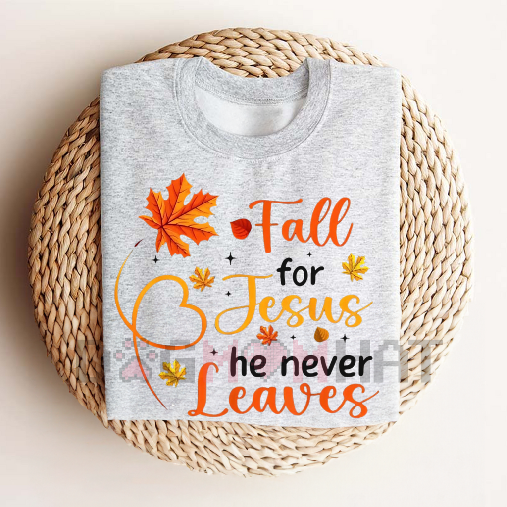 Women’s fall graphic T-shirt, heather gray with “Fall for Jesus the never Leaves”