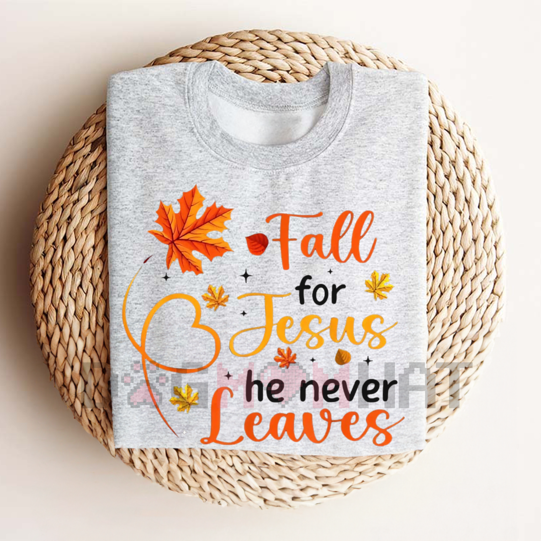 Women’s fall graphic T-shirt, heather gray with “Fall for Jesus the never Leaves”