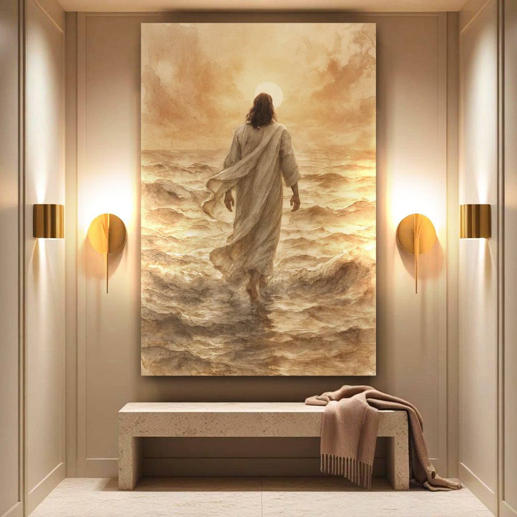 Faith wall art canvas of Jesus walking on water, centered on a wall