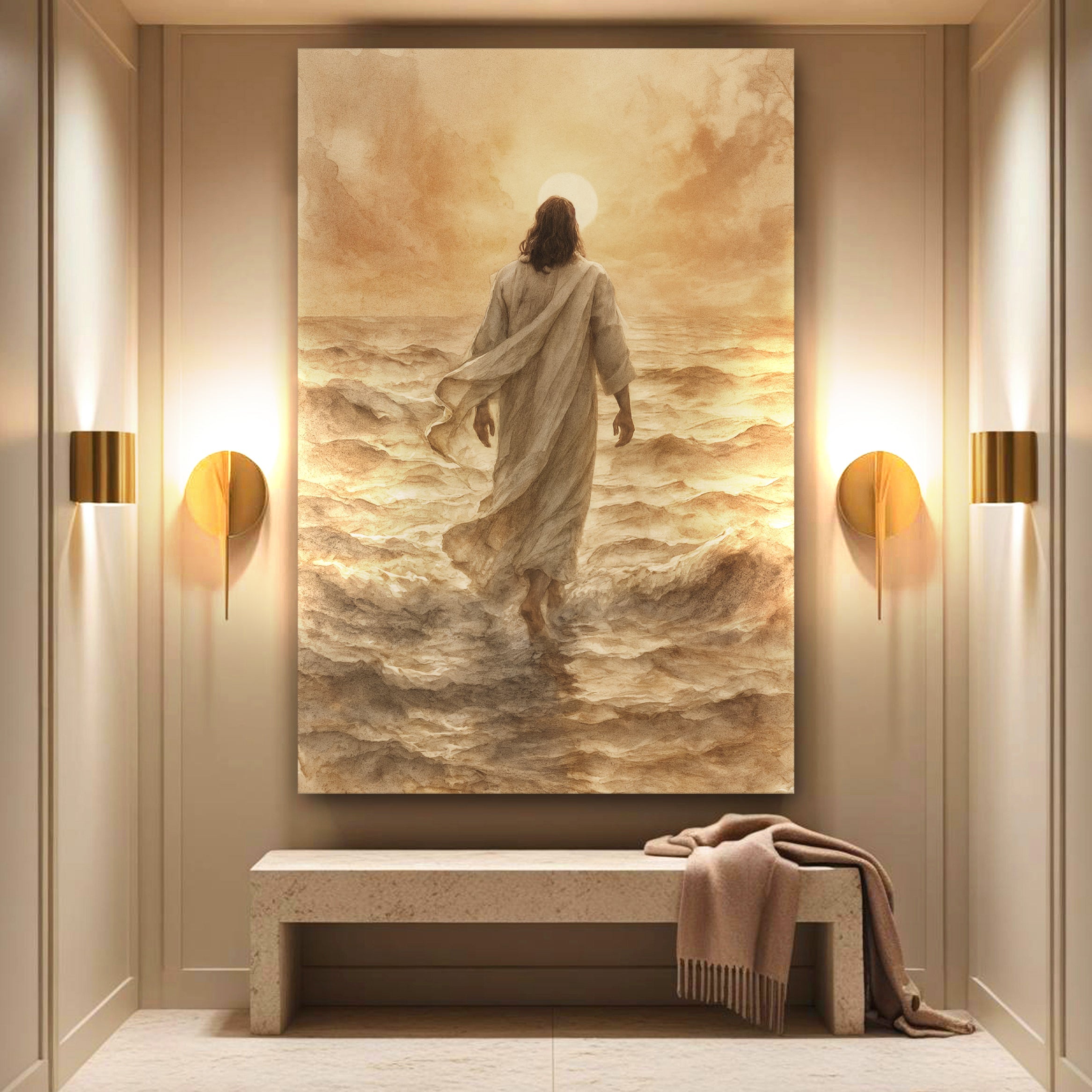 Faith wall art canvas of Jesus walking on water, centered on a wall
