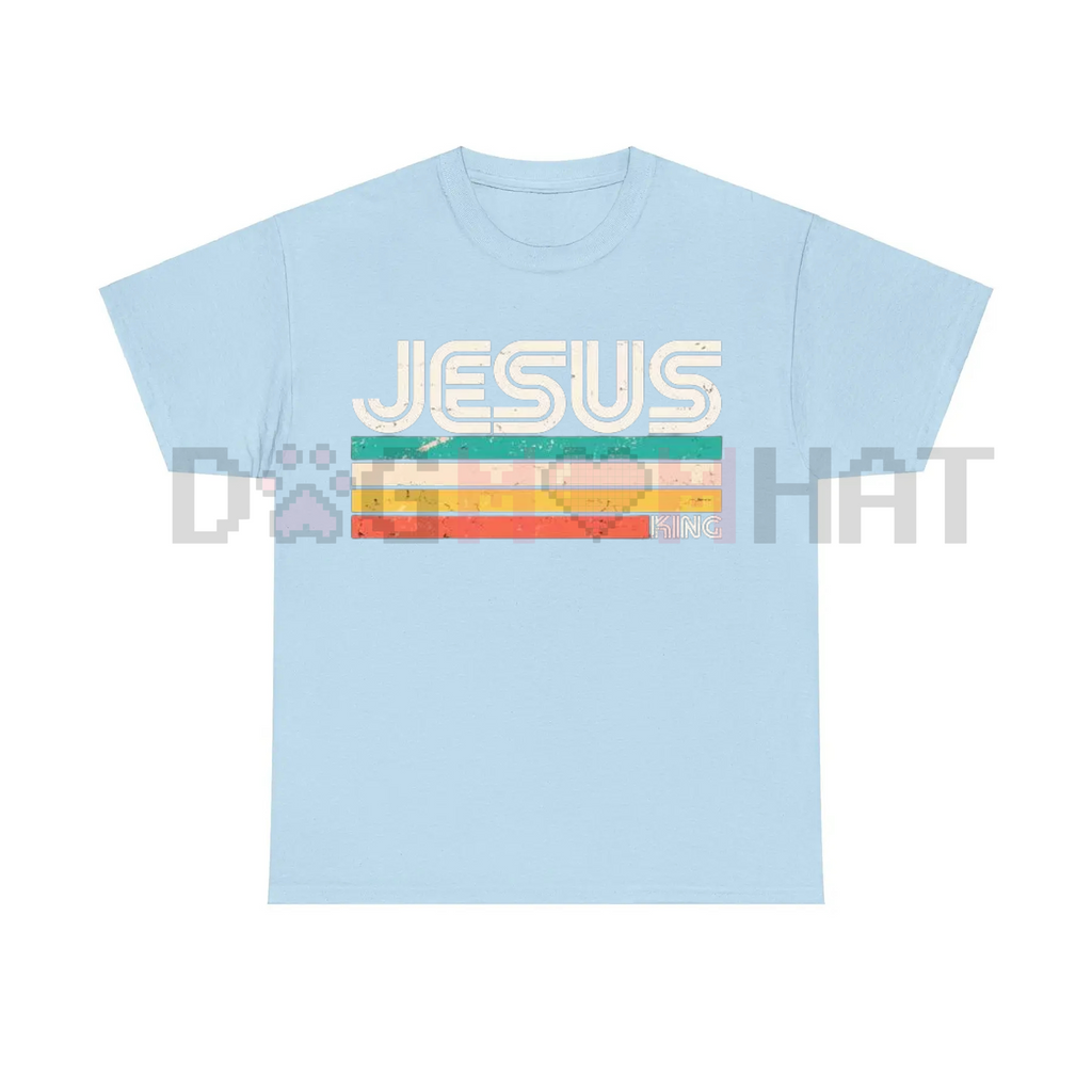 Light blue T-shirt with JESUS and KING graphic bar print