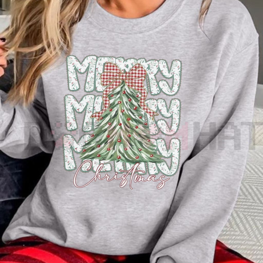 Light gray crewneck sweatshirt with Christmas tree graphic and plaid bow, long sleeves