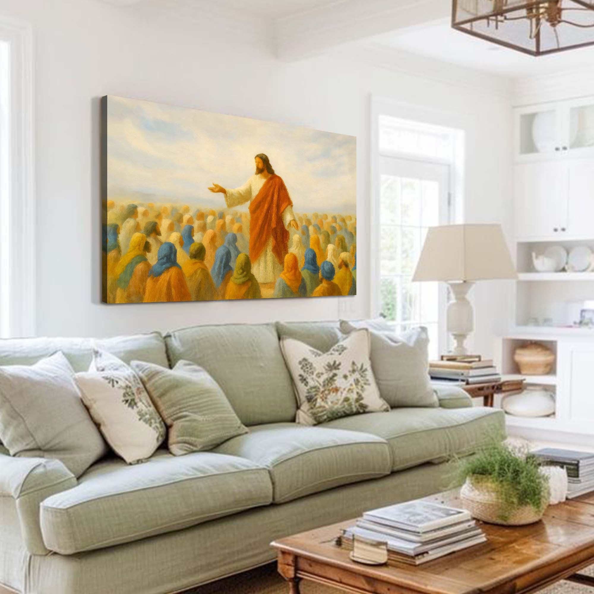 Faith wall art canvas above a light couch, featuring Jesus in an orange robe