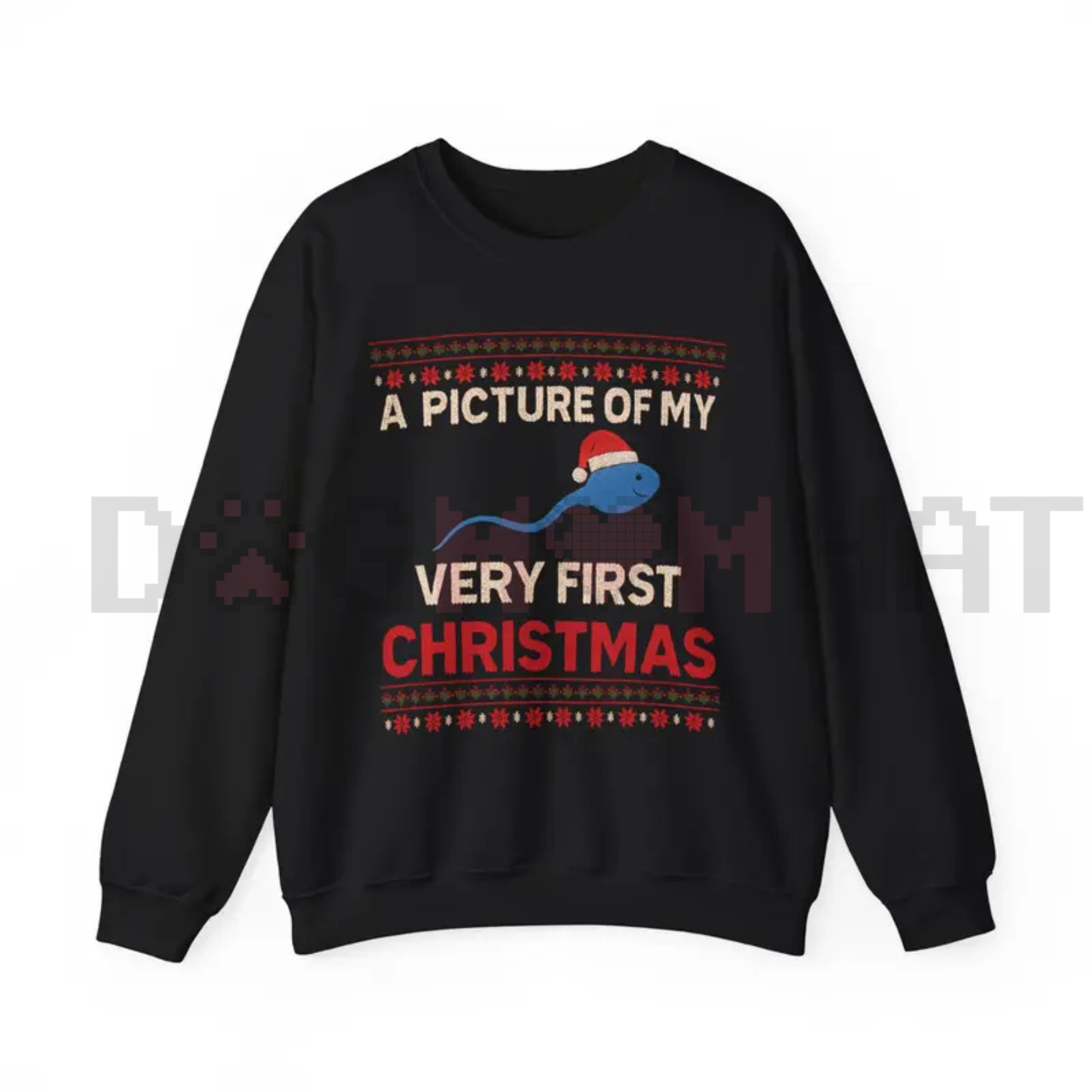 Black unisex crewneck sweatshirt with 'Very First Christmas' graphic and blue dinosaur.