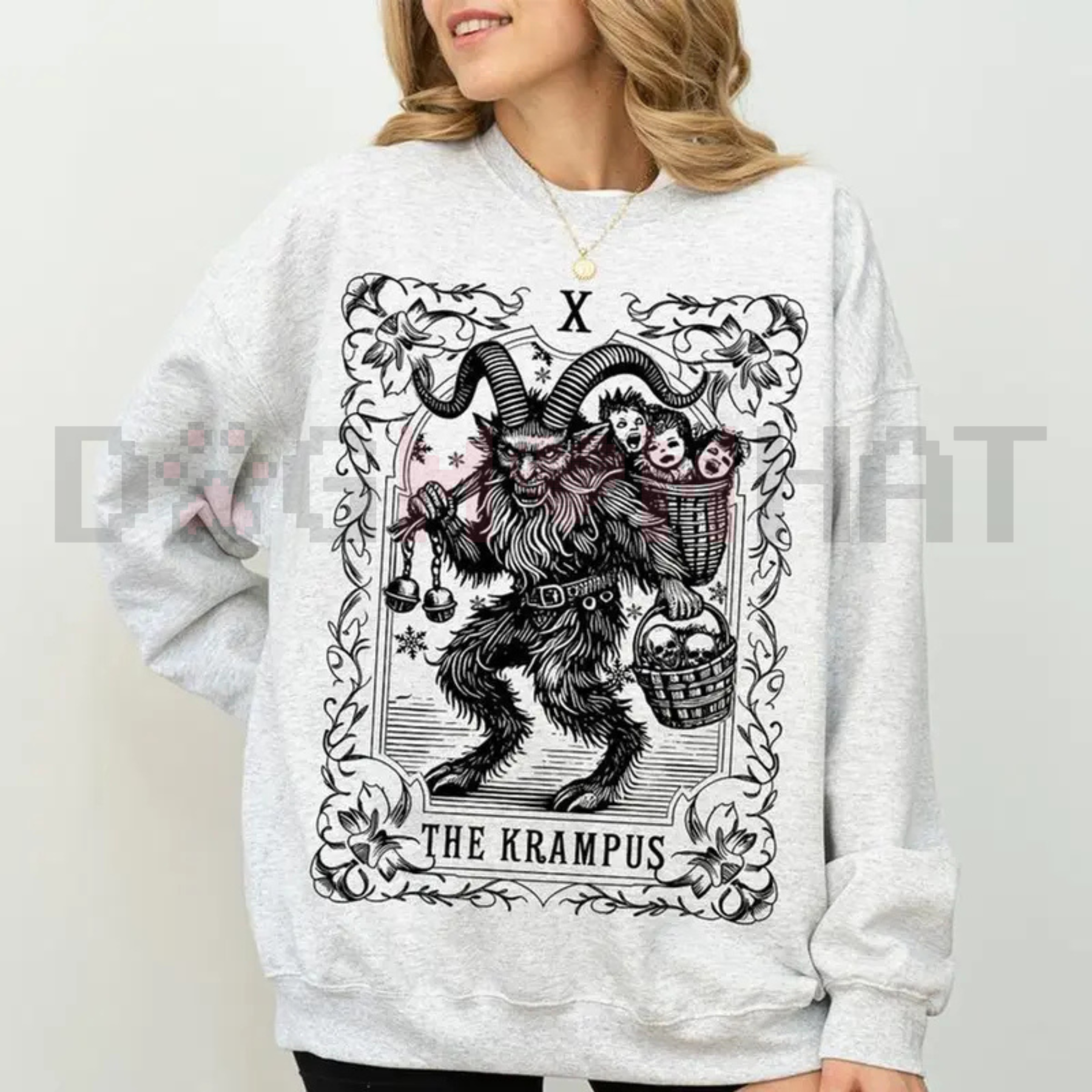 Light grey sweatshirt with gothic Krampus graphic on the front