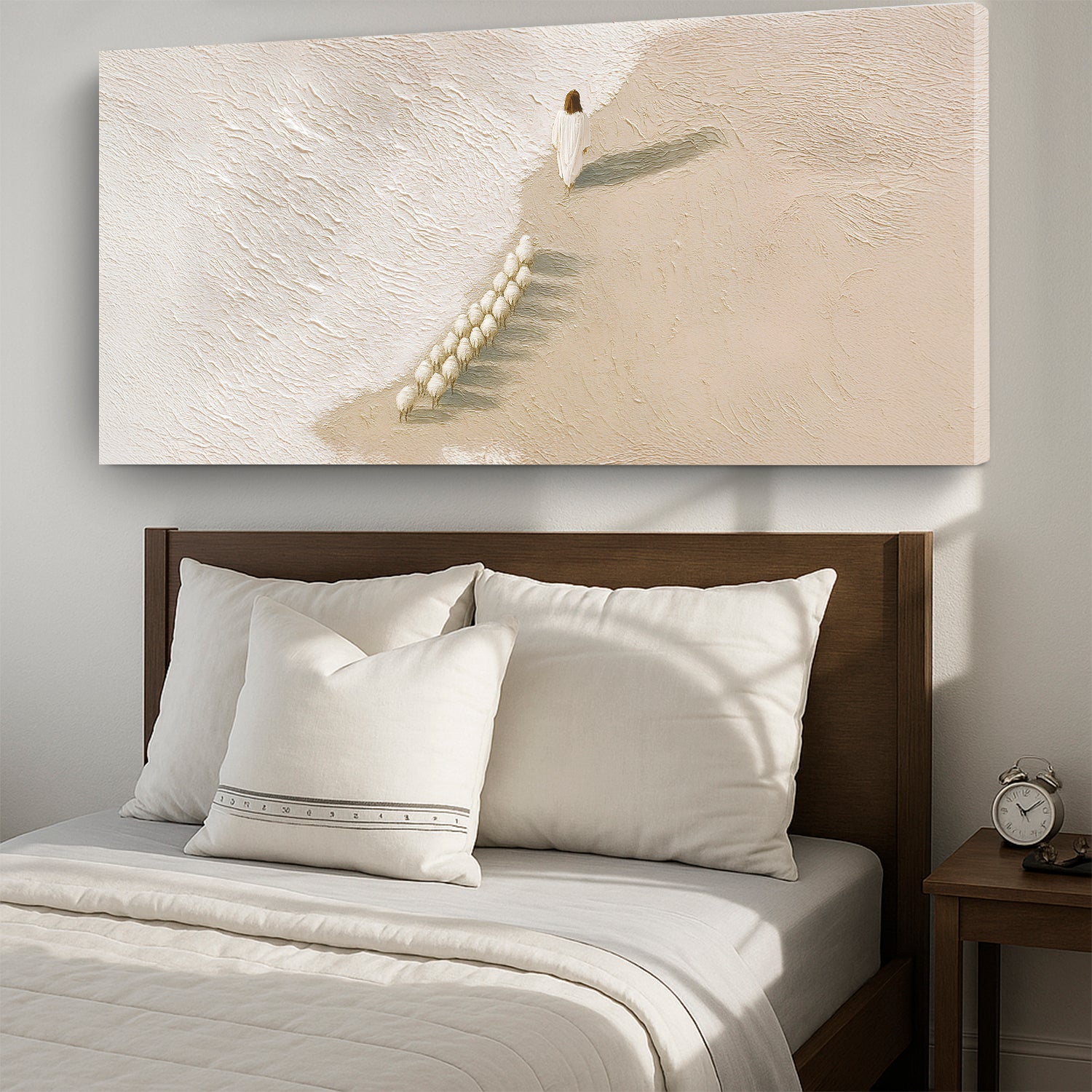 Landscape canvas wall art showing textured white figure leading sheep on beige