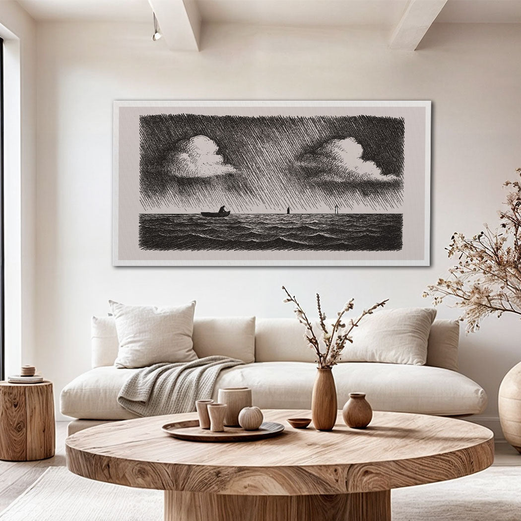 Framed monochrome canvas wall art featuring Jesus walking on water with billowing clouds