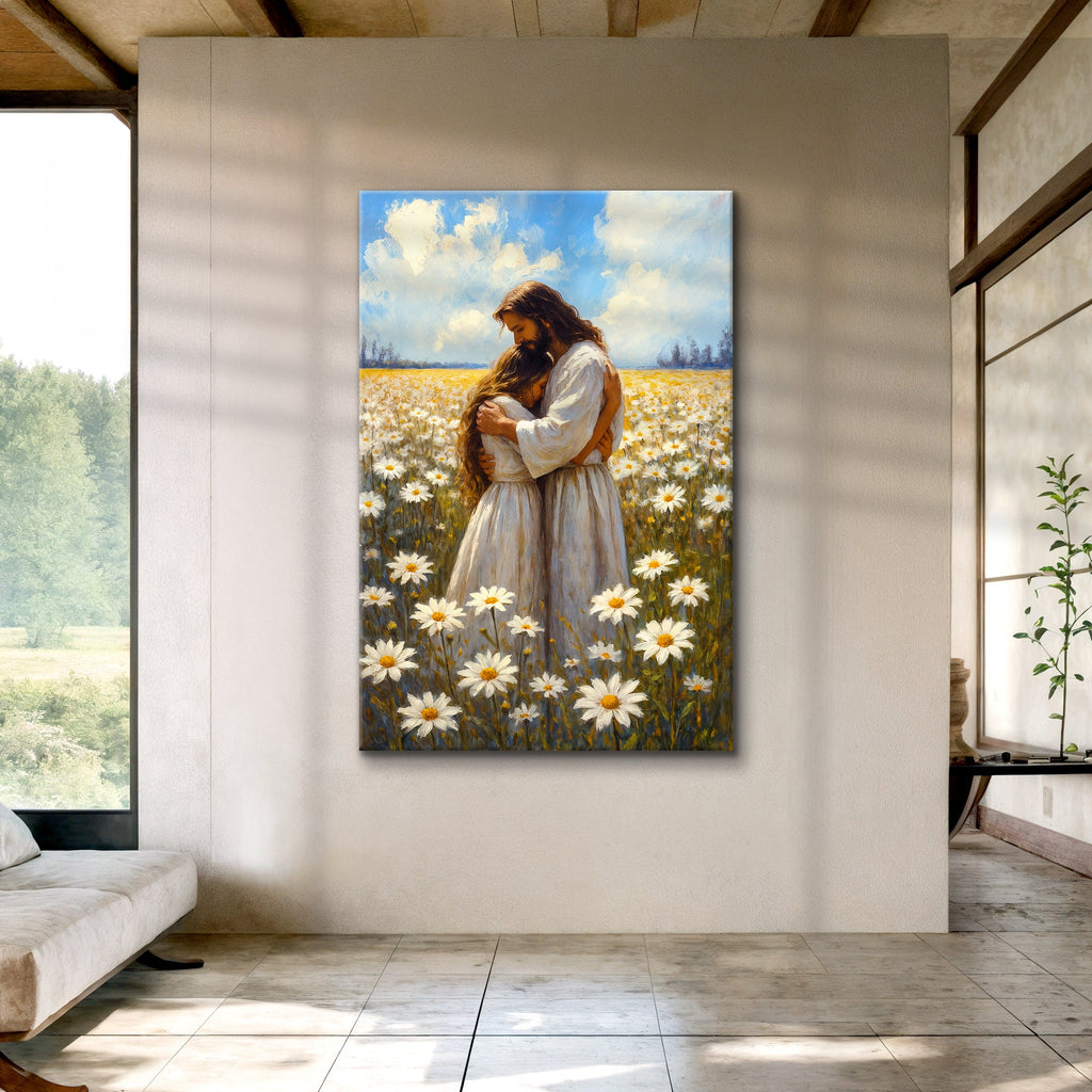Faith wall art canvas featuring Jesus hugging a woman surrounded by white daisies