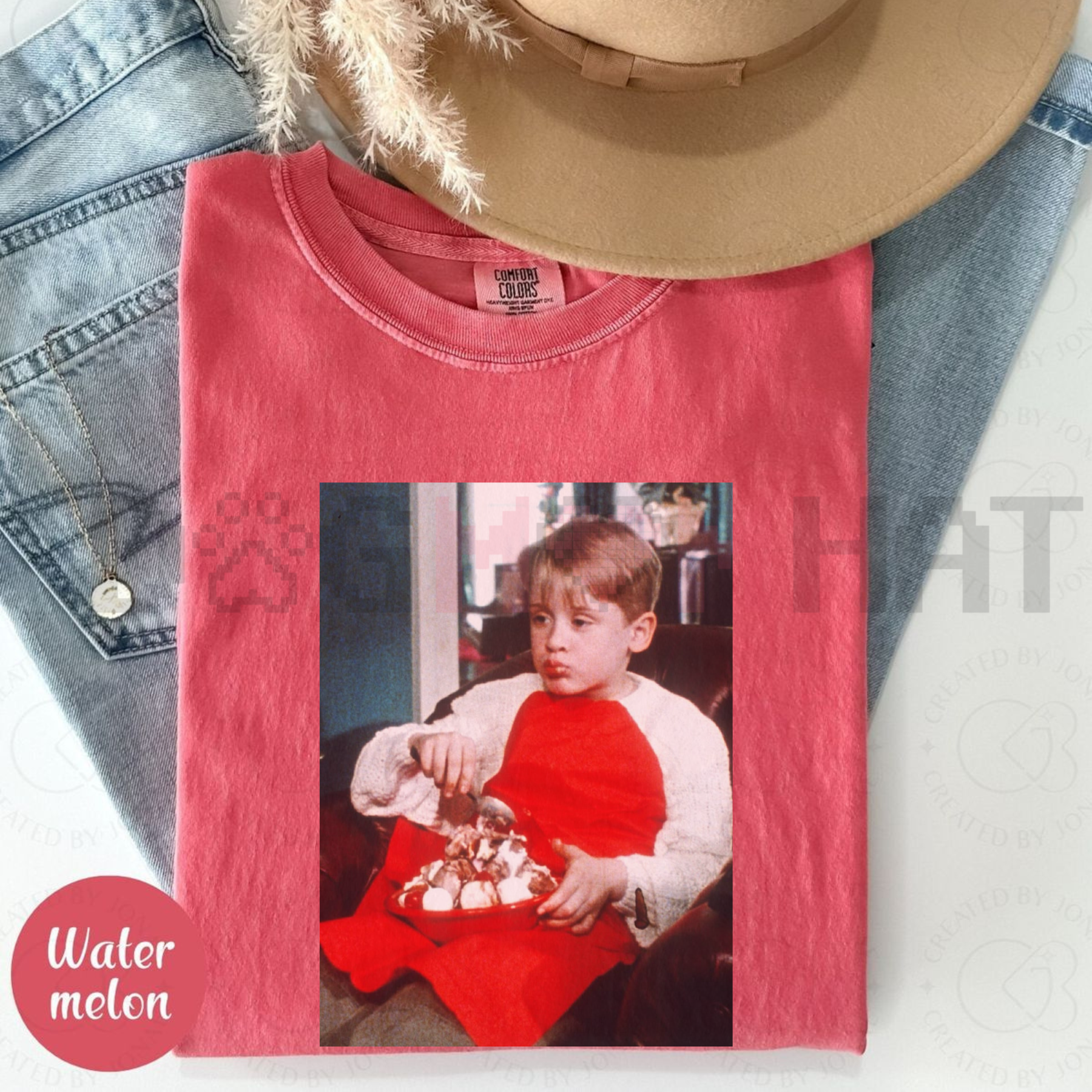 Red Christmas t-shirt with front photo graphic of a boy holding toys