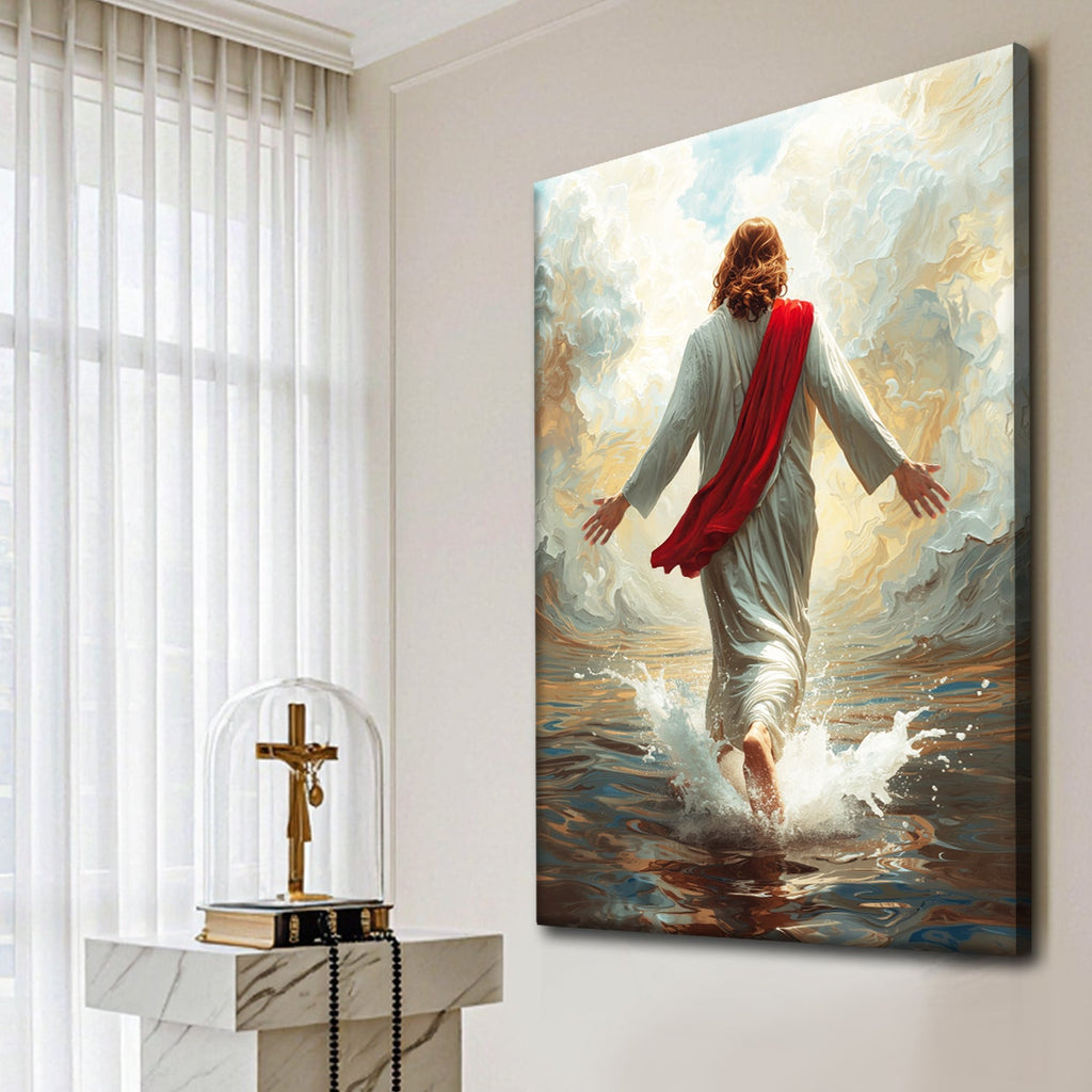 Canvas wall art: Jesus walking on water, red robe, white tunic, waves and spray