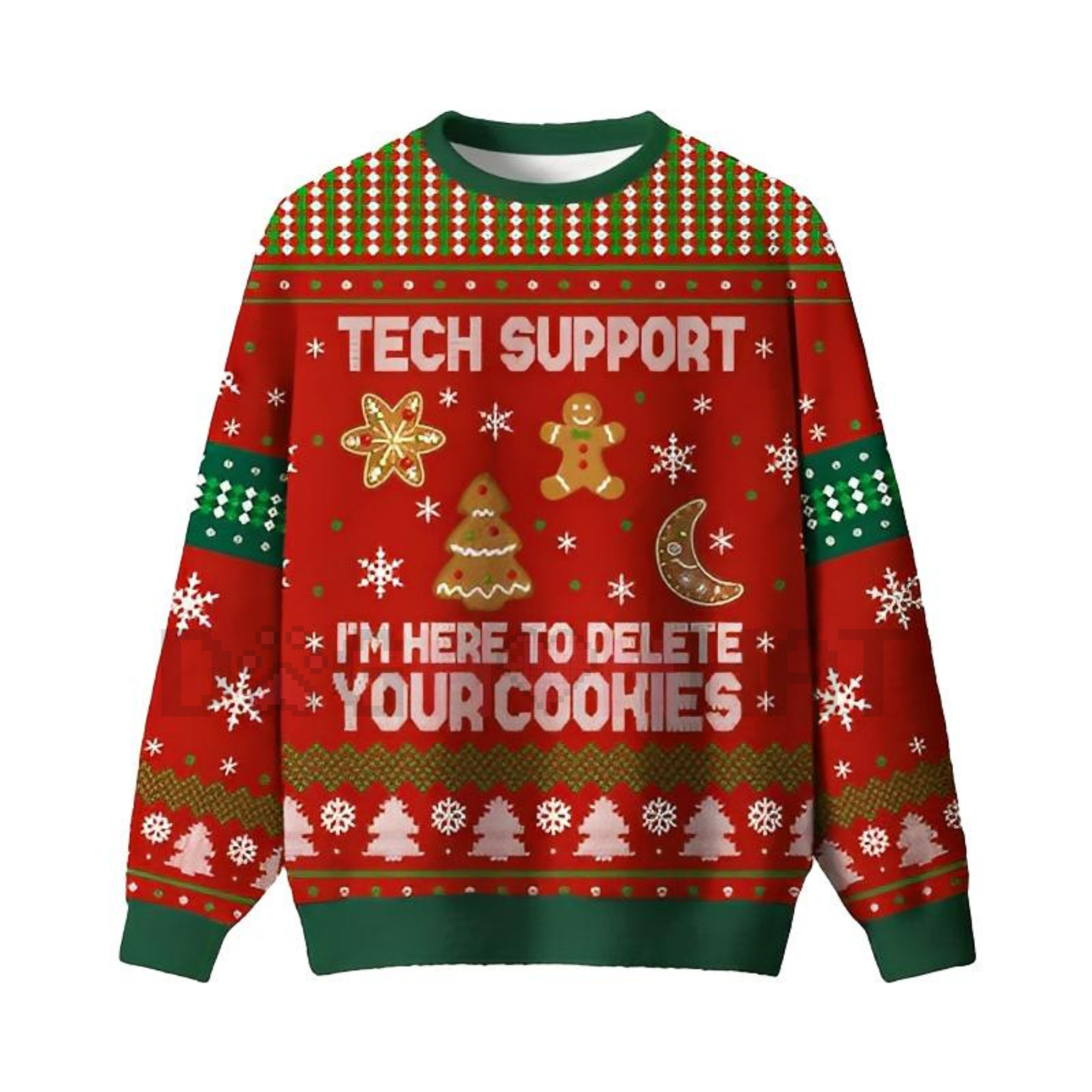 Red knit crewneck sweater with TECH SUPPORT holiday graphic and delete cookies lettering