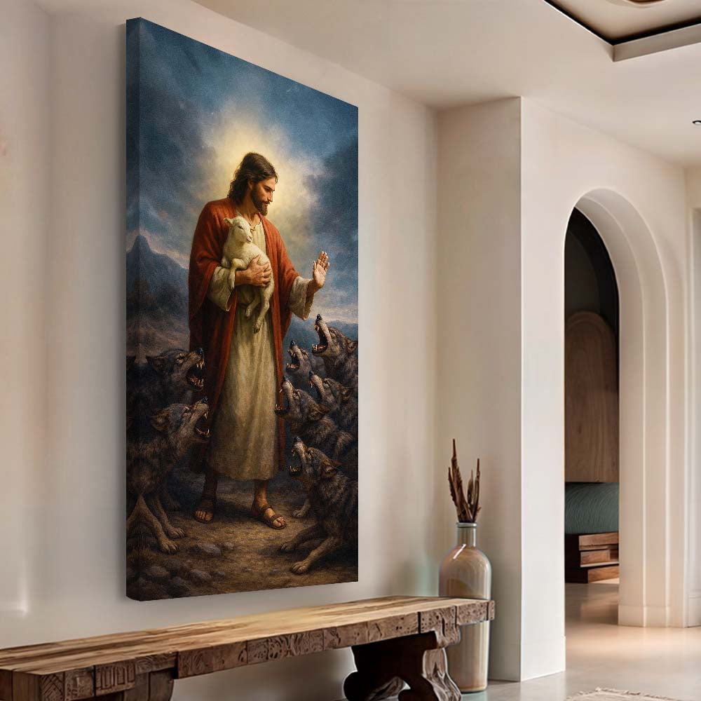 Vertical canvas wall art of Jesus holding a lamb with wolves at his feet